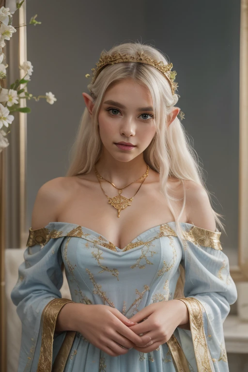 Sexy blonde elf woman with long ears and blue eyes, long wavy hair, Blue dress with sequins, gold embroidery and decorations, office, detailed eyes and face, Exquisite facial features, fine facial features, elegant pose, Professional environment, Fantasy theme, magical atmosphere, photorealism, soft light, enchanting background, mysterious aura, mesmerizing presence, magical elements, exquisite beauty, stylish outfit, graceful pose, stunning visual effect, overall detail: 1.5