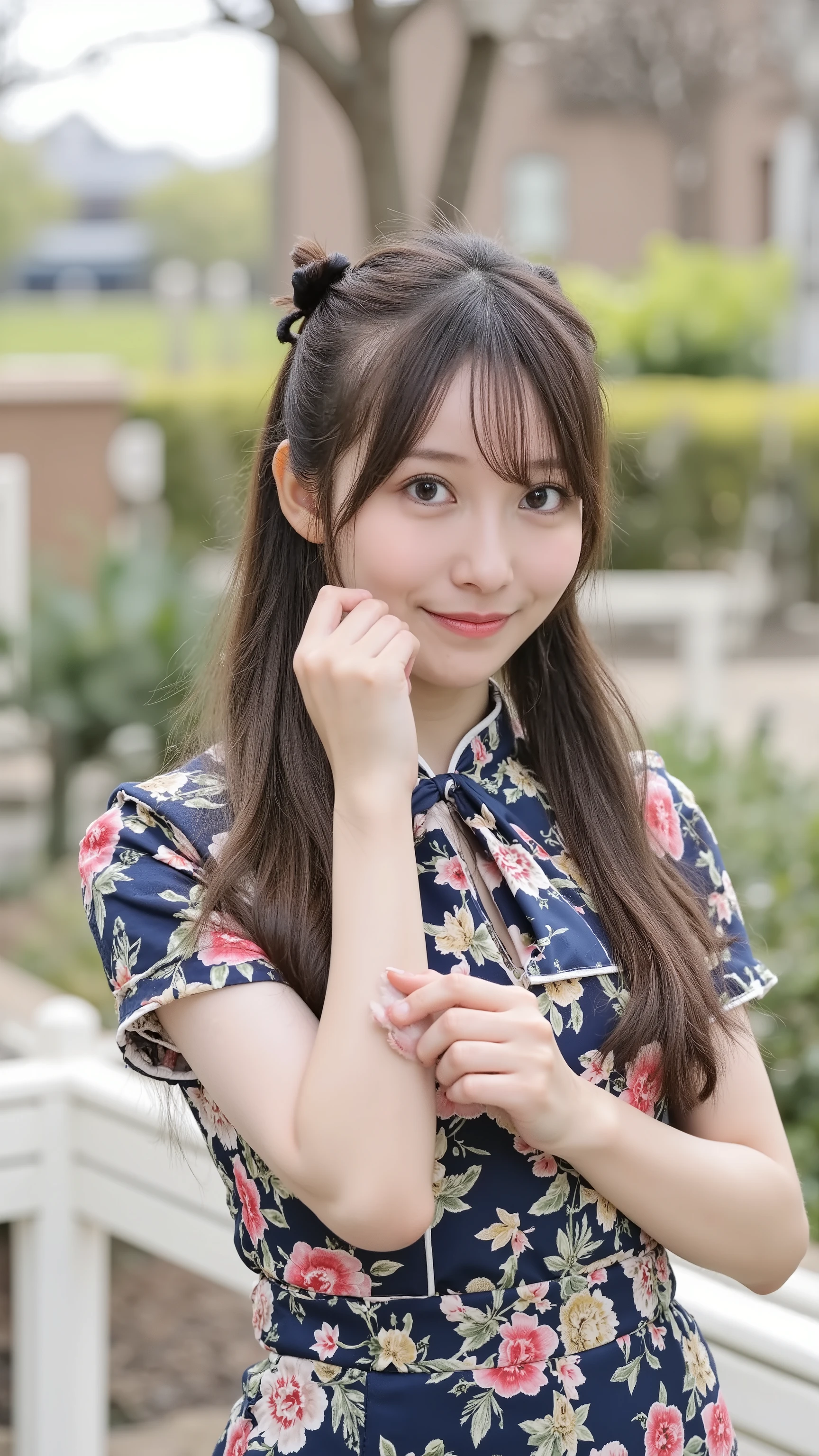 a high resolution photograph of a Japanese young woman, (photo-realistic, realistic, masterpiece, best quality), Intricate details, extremely detailed, ultra high definition, 8k, film grain, lens flare glow, sharp focus, professional lighting, portrait, solo, 1girl, straight long glossy hair with bangs, joyful expression, looking at the camera, detailed face, detailed eyes, sophisticated nose, (1_Cheongsam Dress Anime Cosplay Lingerie Retro Print Qipao Mini Bodycon Costume, wearing an indigo dress, open chest), outdoors, beautiful scenery, morning mist,,