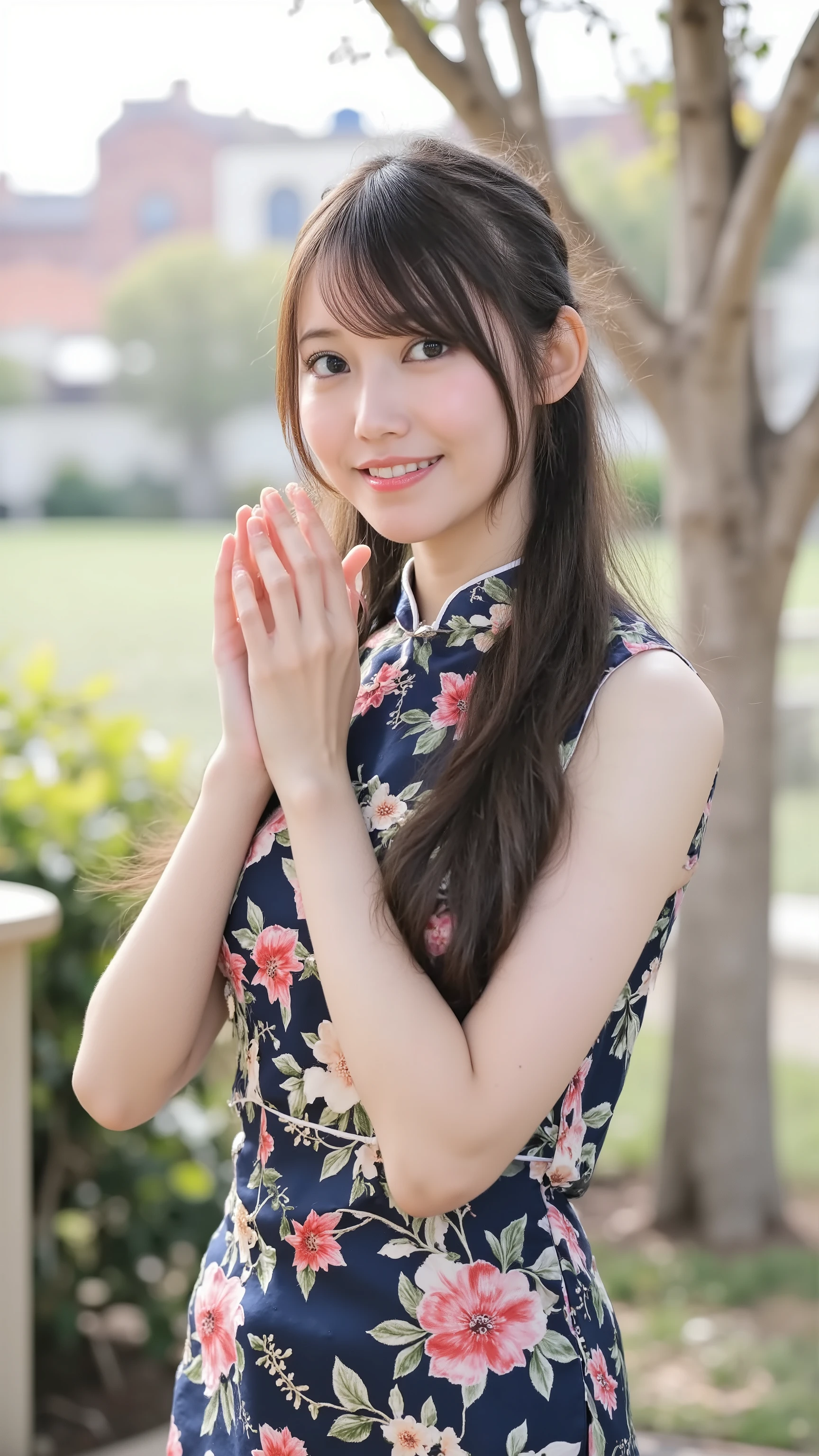 a high resolution photograph of a Japanese young woman, (photo-realistic, realistic, masterpiece, best quality), Intricate details, extremely detailed, ultra high definition, 8k, film grain, lens flare glow, sharp focus, professional lighting, portrait, solo, 1girl, straight long glossy hair with bangs, joyful expression, looking at the camera, detailed face, detailed eyes, sophisticated nose, (1_Cheongsam Dress Anime Cosplay Lingerie Retro Print Qipao Mini Bodycon Costume, wearing an indigo dress, open chest), outdoors, beautiful scenery, morning mist,,