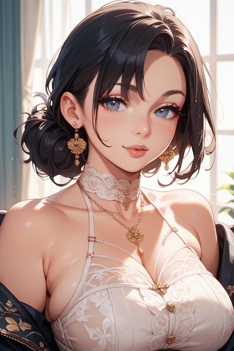 detailed eyes, Perfect features, (masterpiece), (best quality), moist skin, shiny skin, glossy skin, (good quality), intricate details, earrings, Ray Tracing, (See-through), (Bokeh), (Depth of field), smile,