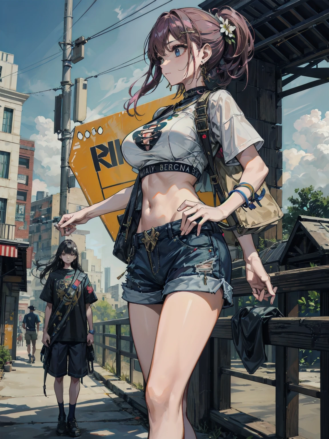 1girl, (solo:1.2), [slim], (small chest), pale skin, ((detailed eyes)), (bokeh effect), (dynamic angle), dynamic pose, (deserted city:1.3), short curly hair, leather jacket, ripped jeans, high boots, (backpack), knife holder, (gas mask:1.2), (ruined buildings), (dark and cloudy sky), dirty hair, (wasteland:1.3), dirty hair, radio, ((masterpiece))