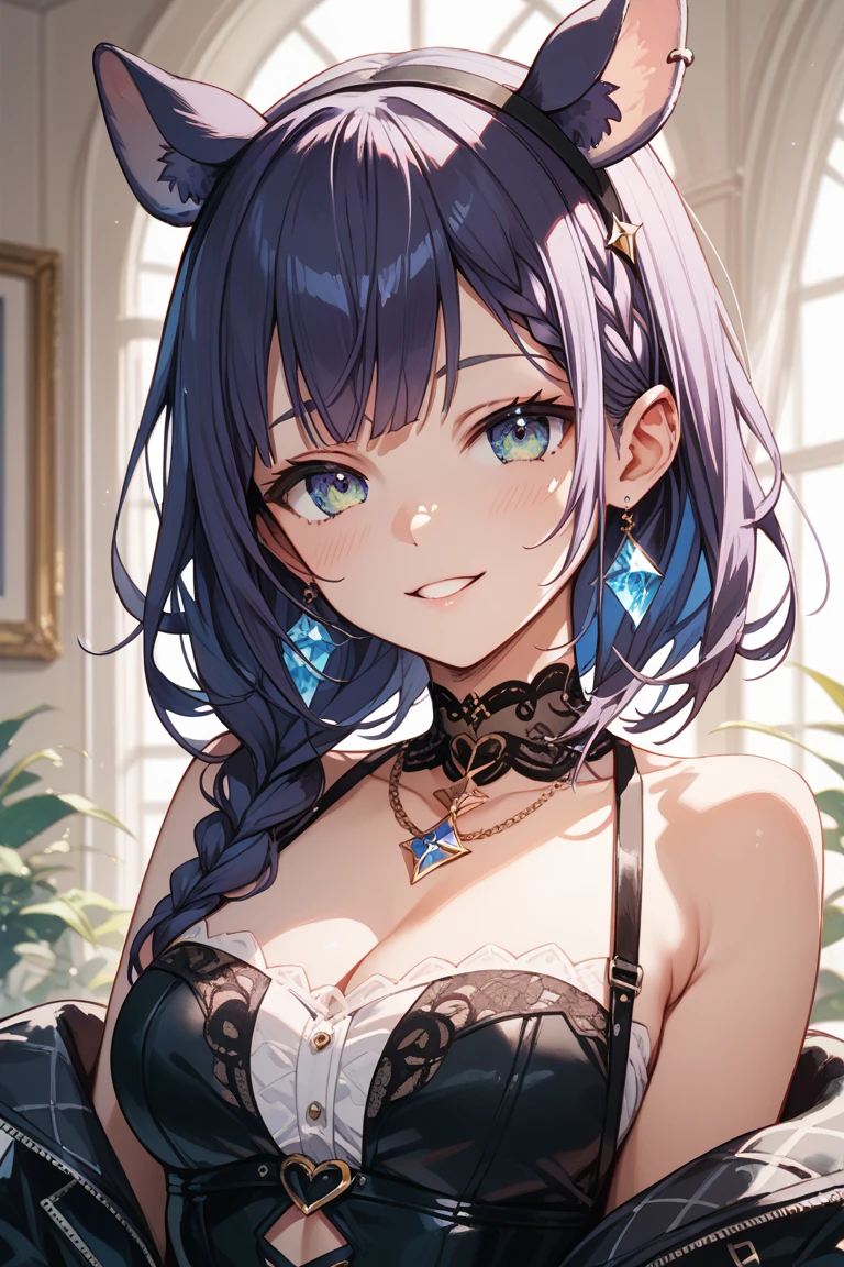 (masterpiece)1 girl, Keqing, Genshin Impact, best quality, expressive eyes, perfect face, Large upper body, Smile, blush, , indoors, Sky, simple background, lie, watch , 明亮的Sky空, watch at viewer, stairs, moody lighting