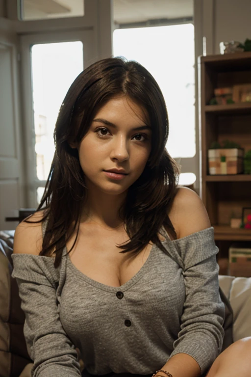 Haz una modelo inventada con piel morena y pelo moreno ojos grandes y azules