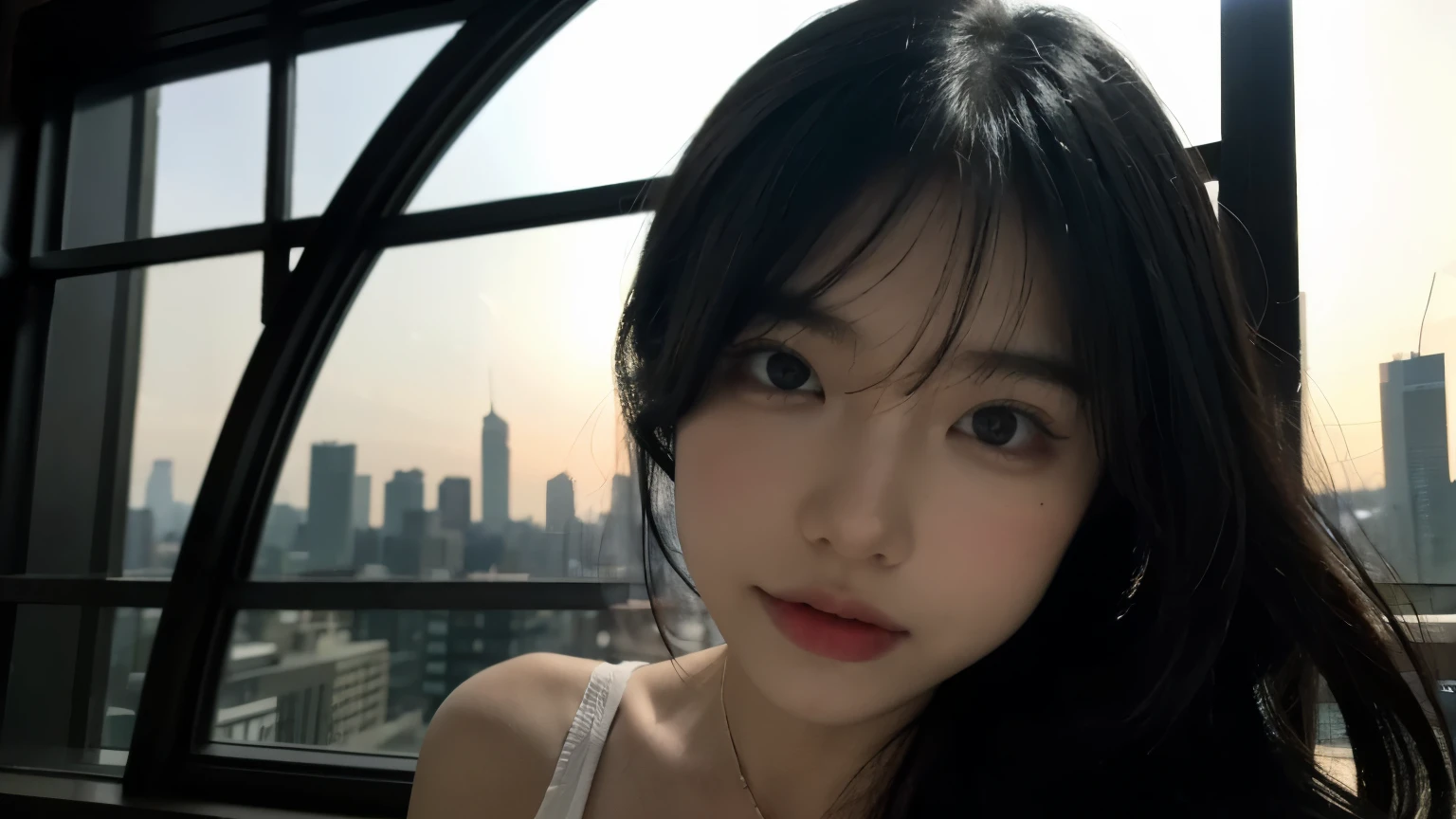 Best quality,masterpiece,Ultra High Details,photorealistic,1girl,solo, looking through the glass of the window,studio , skinniest girl , close face angel , laying on the edge of the window. Big glass window, Big city back ground. Poor lighting , romantic scene, breathe taking atmosphere, 9pm , city lights shading through the window , night