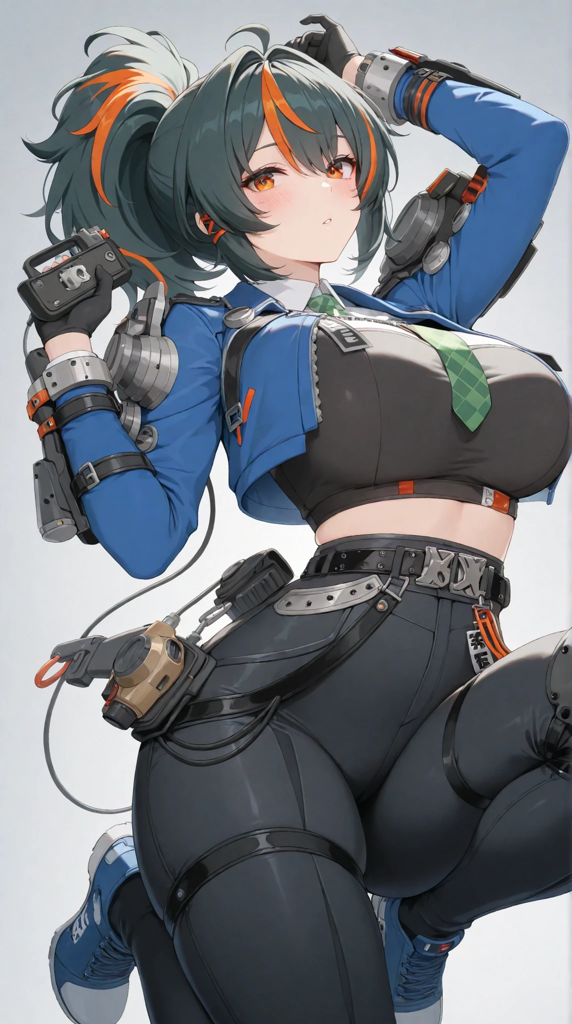 masterpiece, extremely detailed,perfect skin texture,4k,solo,1girl ,((fullbody)),zhu yuan,stand up,sexy pose,ponytail streaked hair,blush,police uniform, blue jacket, cropped jacket, long sleeves, black vest, two-tone vest, black gloves, green necktie, plaid necktie, black pants, high-waist pants, belt, thigh straps, knee pads, holster, tight pants, blue footwear,mature,sexy legs,perfect body,large breasts,high detailed, best quality, upper body, photography,cowboy shot,looking at viewers,white plain background