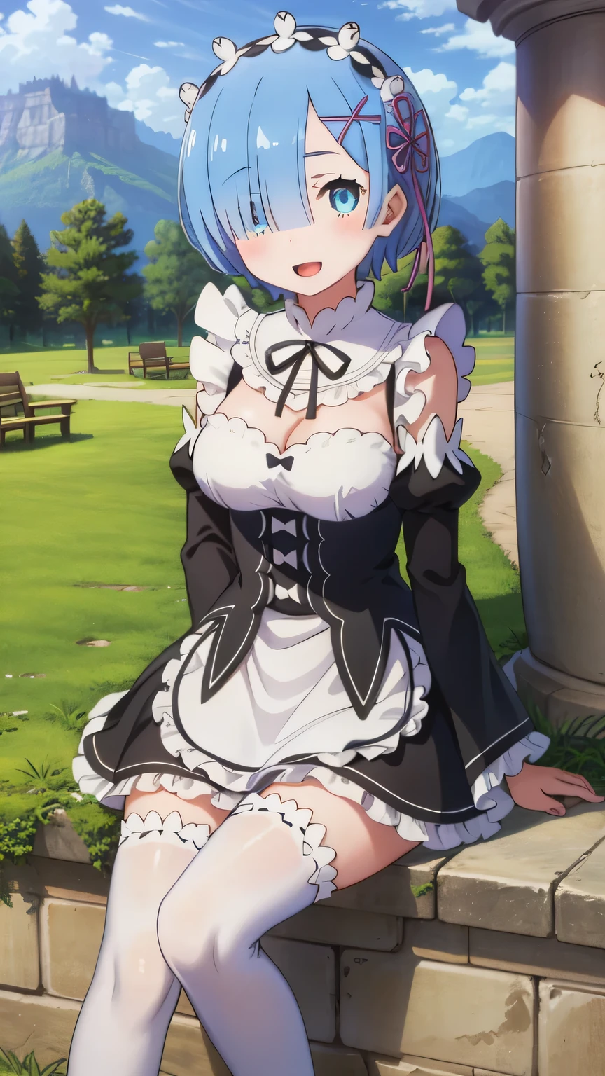 ((((Masterpiece)))), beautiful details, perfect focus, smooth 8K wallpaper, 4320p, high resolution, exquisite texture in every detail, perfect eyes very high detailed, perfect pupils, sclera_eyes_detail, eyes:1.2, human anatomy correct, pastel, hyper_detailed:1.5, (masterpiece), (picture-perfect:1.4), high_resolution, very_high_resolution, ((1girl)), (18 years old), solo, short_hair, blue_hair, ((blue eyes)), breasts, skirt, gloves, dress, bare shoulders, ((((gigantic_breasts)))), outdoors, choker, black gloves, belt, black skirt, clothes lift, black dress, thigh strap, white bra, ((translucent white sexy panty)), tight black thigh high stockings, ((detailed clothes)), skirt lift, lifted by self, black belt, ((from_below)), sitting pose, ((spread lengs)), open-lengs, Focus two feet, 5toes, Rem-Re:zero
