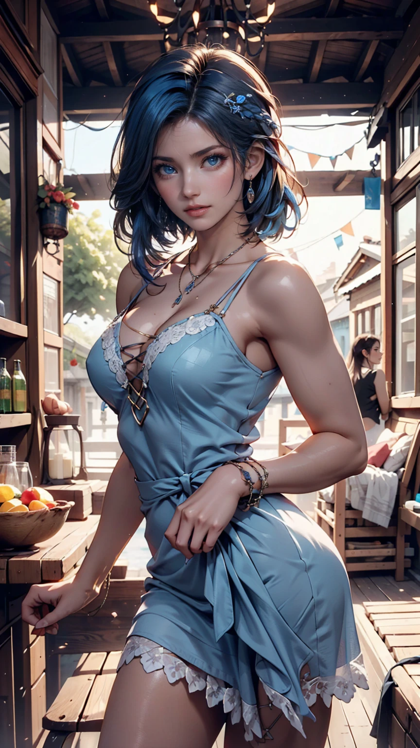 scifi casual dress, highres, masterpiece, perfect lighting, bloom, cinematic lighting, adult, female, perfect skin, looking at viewer, upper body, collarbone, wavy hair, necklace, suspenders, cats print, freckles, blue hair, sunlight, center opening, midriff, cleavage, sleeveless