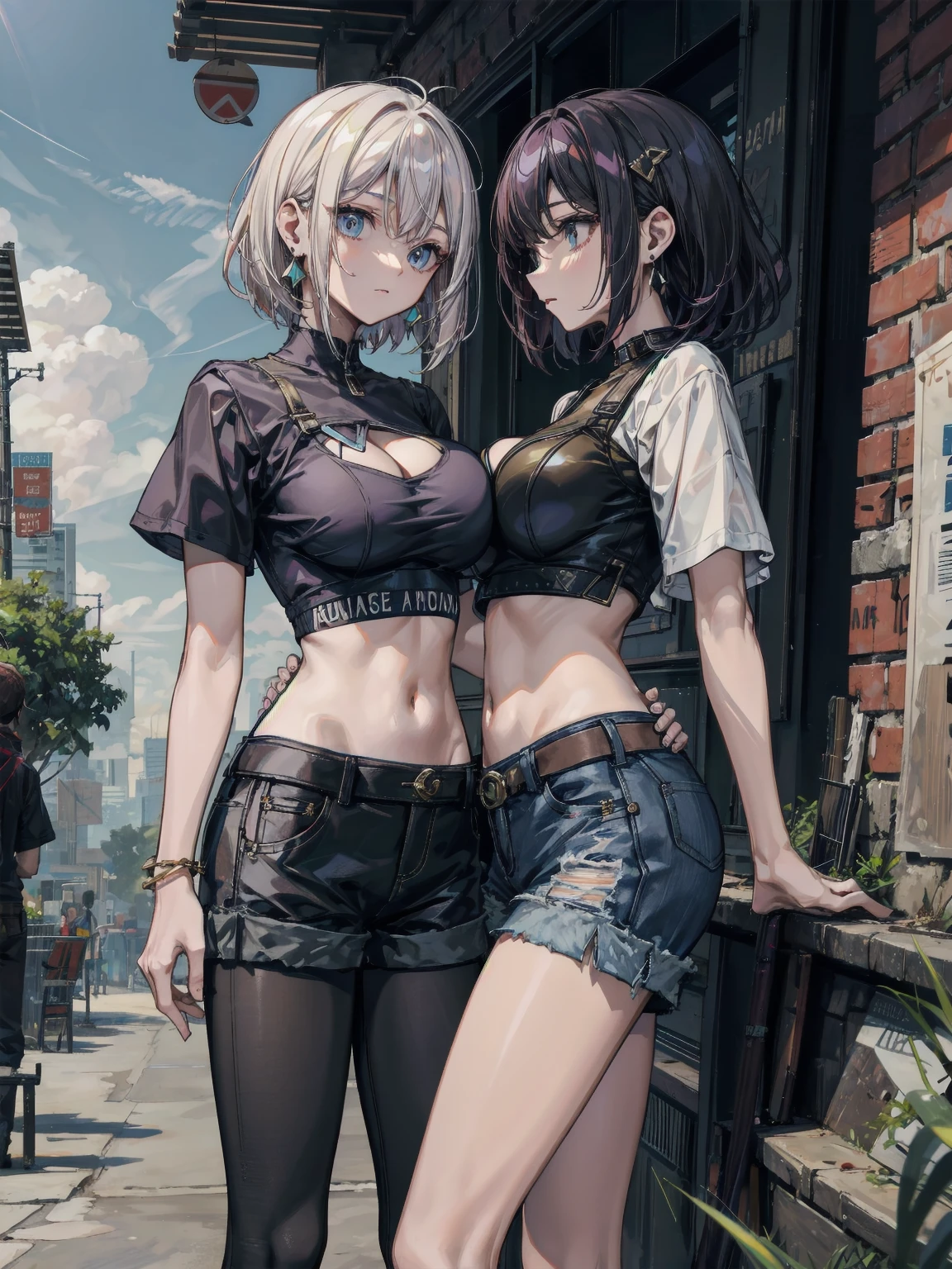 tmasterpiece, Best quality at best, Young girls, Taupe eyes, greys, Prom hairstyle, Disturbed_face, Fair and rosy skin, mediuml breasts, nice leg line:1.3,thick thight, big breasts thin waist, , Denim_mini_skirt, graphic_tee shirt, black_sandals, silver_hoop_earrings, black_leather_backpack, view over city, looki at viewer, , Dutch angle,White sheer lace-trimmed panties,Semi-naked body, (link:1.5), legend of zelda, GS-Womanly