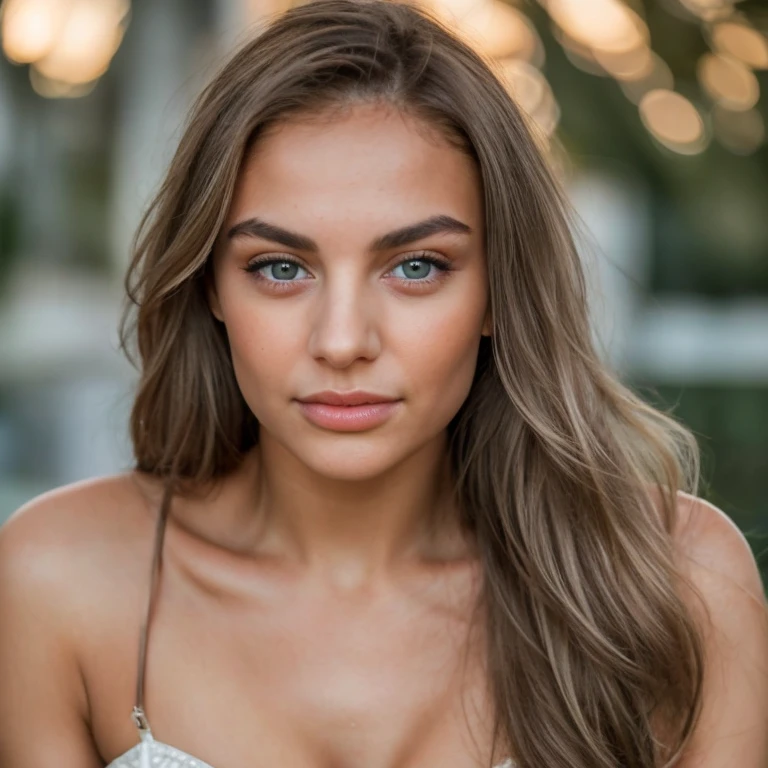 stunning portrait, (( 18 years old beautiful woman)), ((pink bikini)), (busty), ((supermodel face)) expressive facial features. She's looking straight at the camera. She should have long brunette hair , ((dark blue eyes)), a captivating look and an alluring facial expression that allows a woman to be the center of the image. Please pay close attention to details such as highlights and shadows on her face and hair to create a realistic image. Looking directly into the camera, the final product should be a masterpiece that conveys the essence and beauty of a woman, ((highly detailed skin, skin details)), clear focus, volumetric fog, 8k UHD, SLR camera, high quality, film grain, Fujifilm XT3, (full body shot)