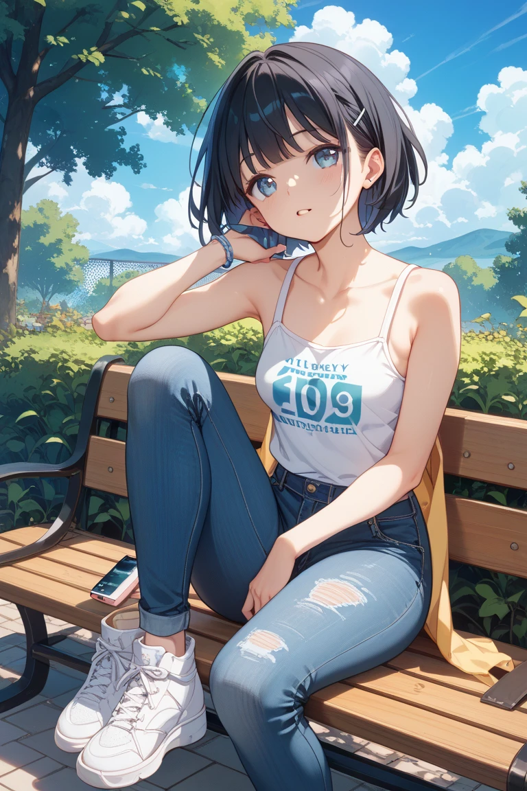 absurdres, RAW photo, extremely delicate and beautiful, masterpiece, Best Quality, ultra high resolution, 32k, hyperrealistic, ultra-detailed, perfect figure, in her 20s, very small head, very small face, delicate facial features, tearful mole, earring, very huge breasts, full body shot, medium hair, black hair, baseball cap, black T-shirt, cargo shorts,