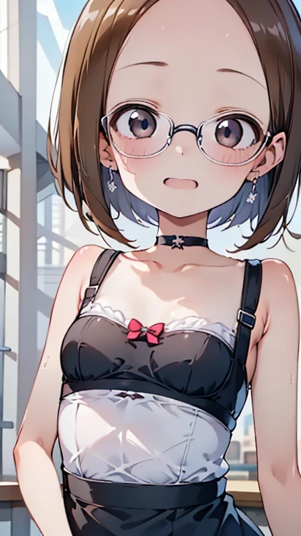 (masterpiece), (highest quality), ((Super detailed))、(super delicate)、Cute naughty peasant woman、Pastel colors hair、medium breasts、Thighs、Gorgeous、black hair, short hair, low twintails, glasses, standard height, (anxious face:1,2、blush:1.2, quiet personality:1.2), (naked)