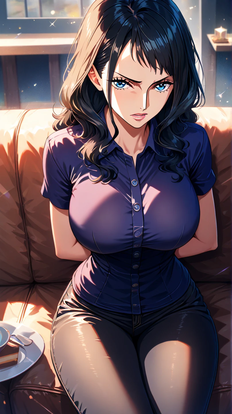 Obra maestra, La mejor calidad, finamente detallado, 1girl, (cabello negro ), (bishoujo), Lindo, (ojos azules), (lashes), (pechos enormes), (escote), (camisa de encaje roja y negra:1.2), (Camisa abierta), sitting on a sofa, lamplight, ventana, Noche, Delicate interior design,
