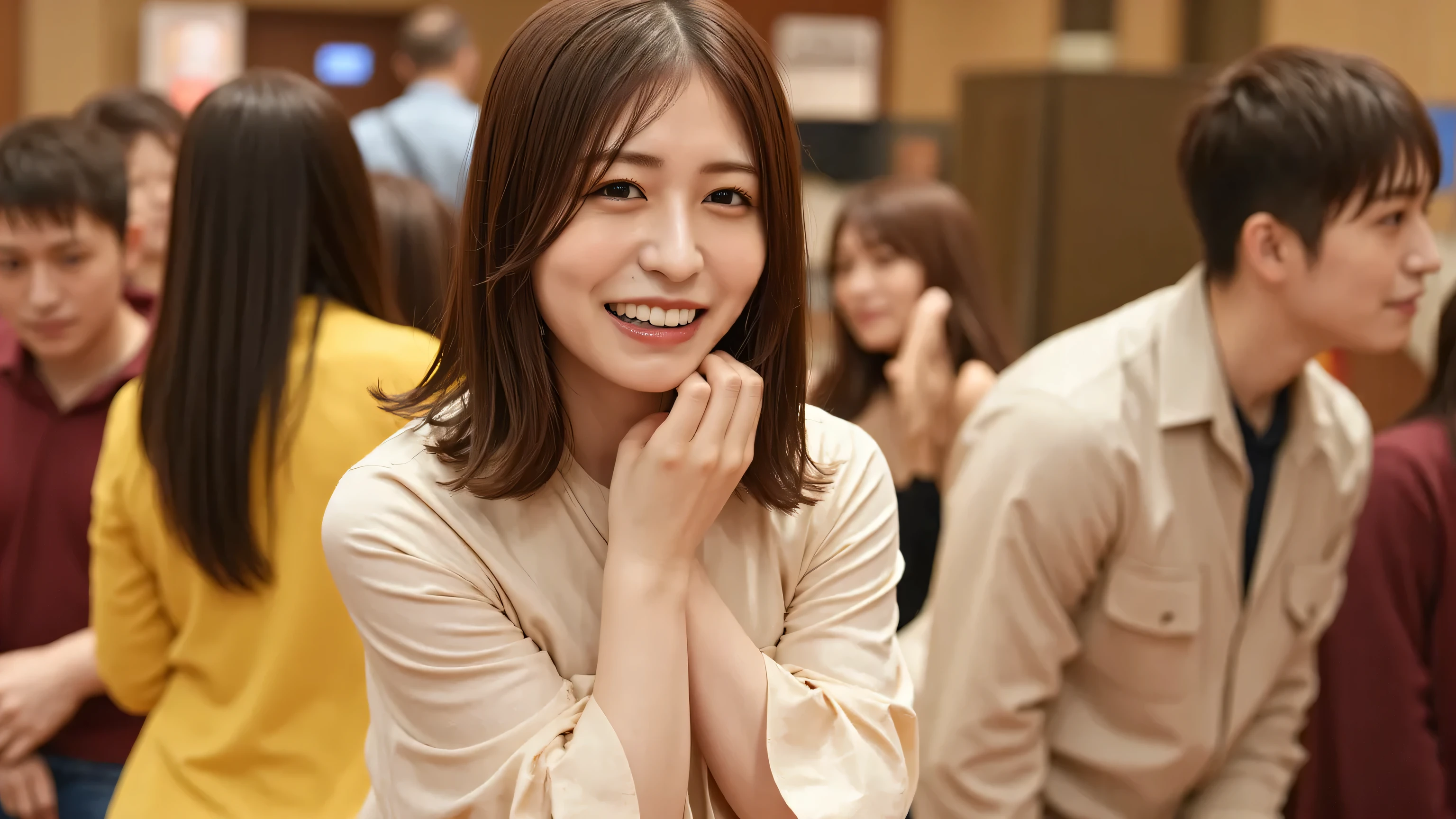 Small、chubby、Take a picture of facial expressions、PTA meeting、(lean forward :1.3)、(oversized t-shirt、loose fit t-shirt、Low-cut T-shirt:1.2)、(best quality、8k、32K、masterpiece)、(Detailed Bra)、Japanese、20year old、very beautiful woman、a beauty women、 crouches、 has a bright smile、 I'm wearing clothes 、Shiny Skin、shot from above、Attend parent gatherings at school、 nice smile、camera with my mouth open、chubby、 plump 、chest is open
