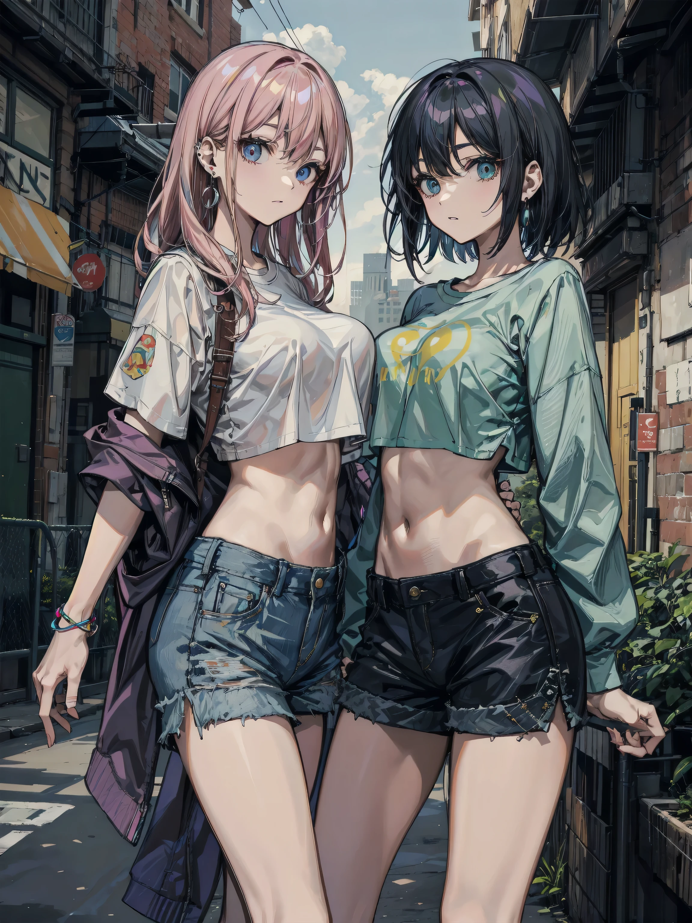Illustration, anime, Woman smoking a cigarette in the street, Side shot, Tank top, Tattoo on arm, Wearing chino pants, Waist shoes, Wear it loosely, The waist of the boxer briefs is visible