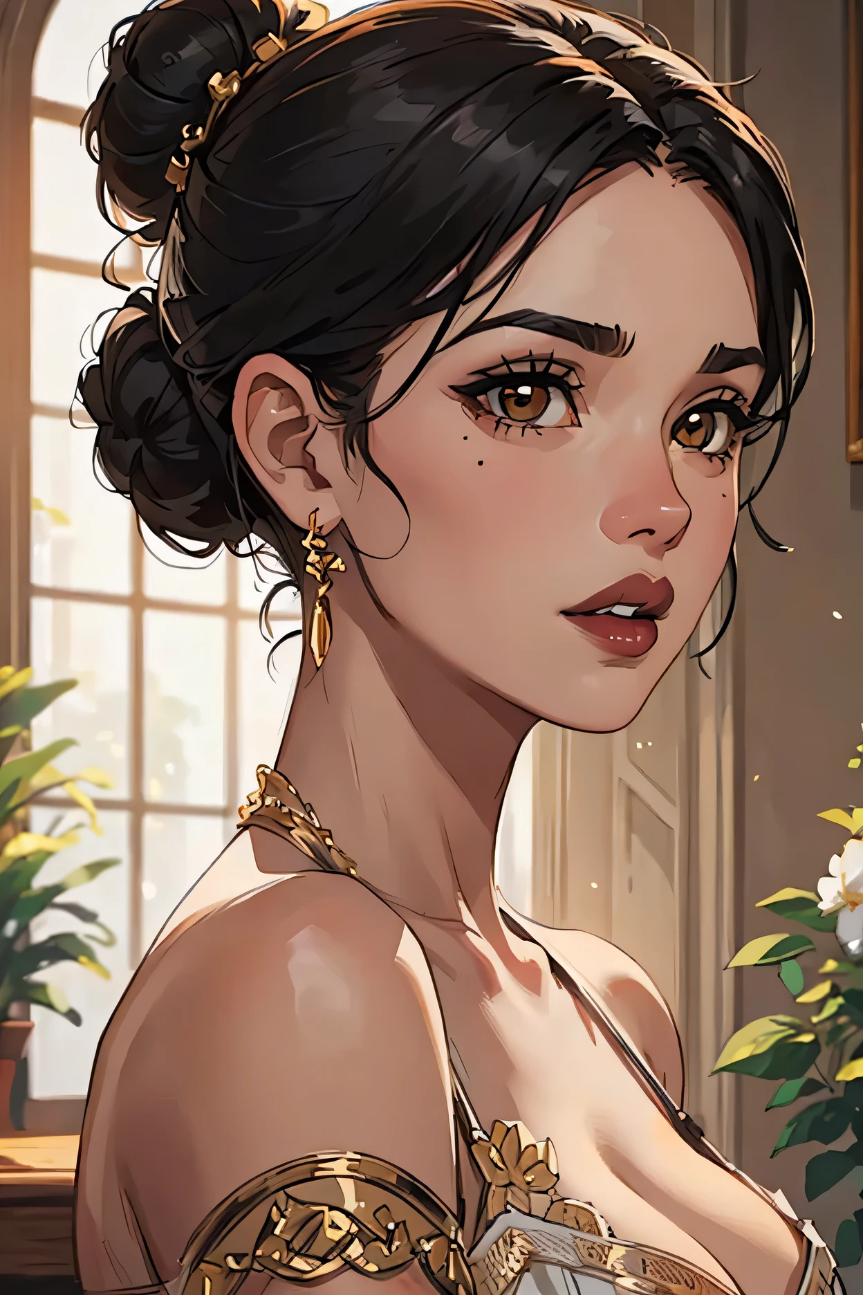 ((Perfect Face, Black Hair Bun, Brown Eyes, Black Thick Lips, Female Beautiful))