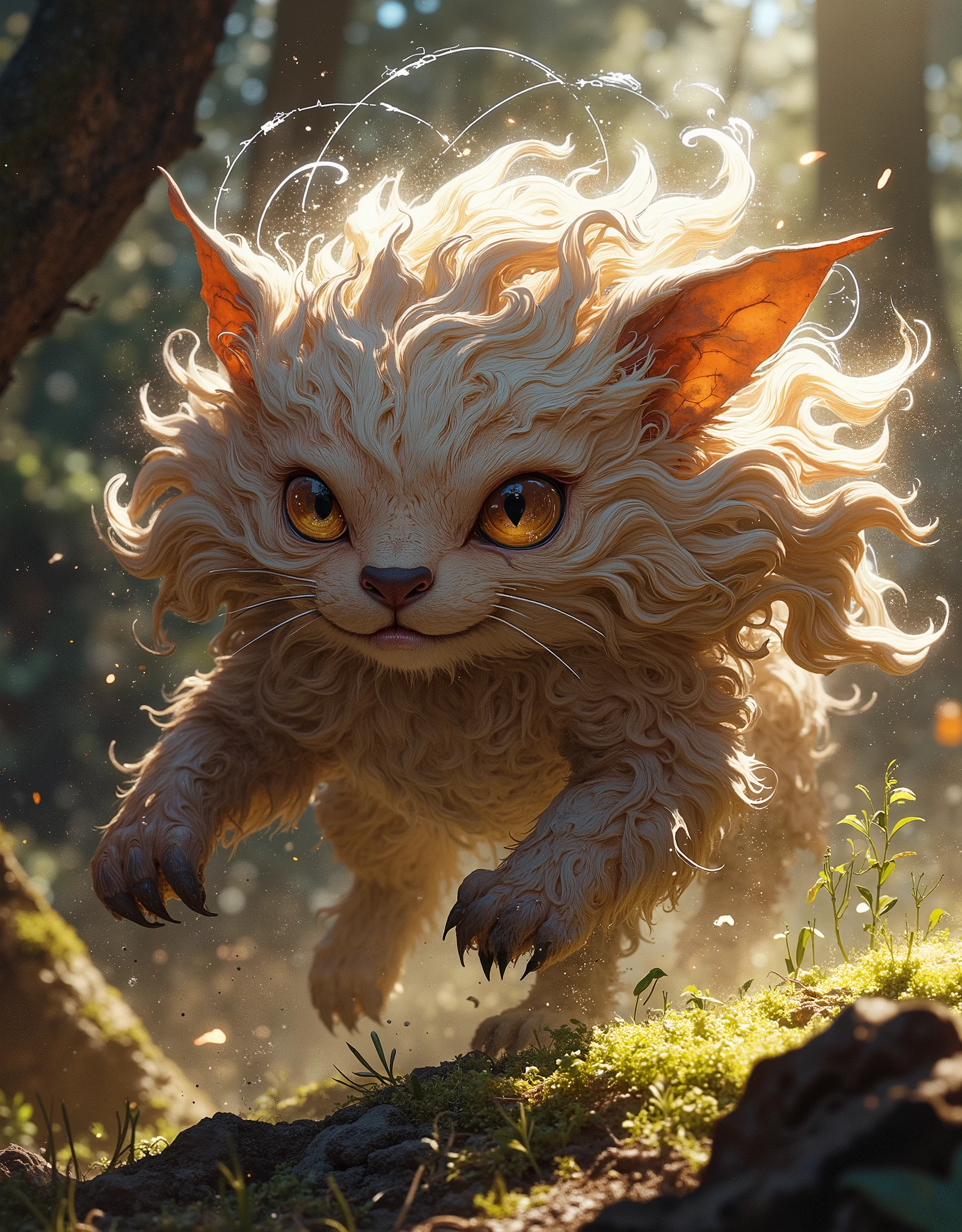 In the middle of the movement, this creature is worth looking at, a fantastically mythical familiar, its fur is a soft, cloud-like substance that seems to shimmer in the sun, each strand of fur has its own shade of graphite brown, creating a mosaic of texture and depth, the animal's eyes are large and expressive, deep amber in hue, with luminous luminescent veins that seem to hold the secrets of the forest, his nose, dark and moist, twitches as he sniffs the air, absorbing the surrounding smells., large, thin, sensitive ears are turned towards danger, blue veins are visible in the light, thick silver vibrations form a luminous halo when it moves, its fur gently sways, creating a light breeze that simultaneously soothes and invigorates, in general, this animal radiates mystery and charm, attracting you with its fluffy, wild beauty, dynamic motion shot of a forest mythical beast, low viewing angle, Dutch pose, accent light, falling from the front and back, digital stylized art, surrealism and hyper detail, attention to the smallest fine details, 
