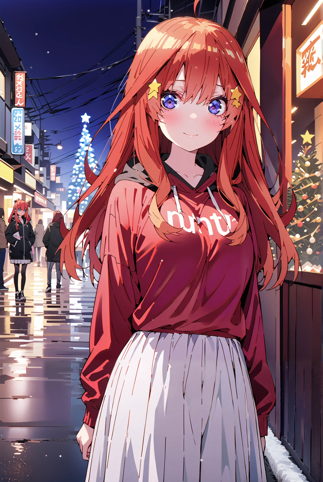 score_9, score_8_up, score_7_up, source_anime, Nakano Mizuki , long hair, stupid hair,blue eyes, hair ornament, red hair, glass, star ( symbol ), half updo,Half-rimmed glasses, rim under eyewear, star hair ornament,smile,cover,Close Mouth,Big Breasts, red oversized hoodie , white long skirt,sneakers with a ladyback letter,winter,christmas tree,illumination,snow,is standing,Beautiful Scenery,building,Destroy the whole body so that it fits into the illustration outdoors, City,
壊す looking at viewer,full body
Break (masterpiece:1.2),best quality , kampala,Unity 8k Wallpaper,(shape:0.8),( fine, beautiful eyes :1.6),It's a person ,full body photo,CG Details , (perfect hands,complete anatomy),