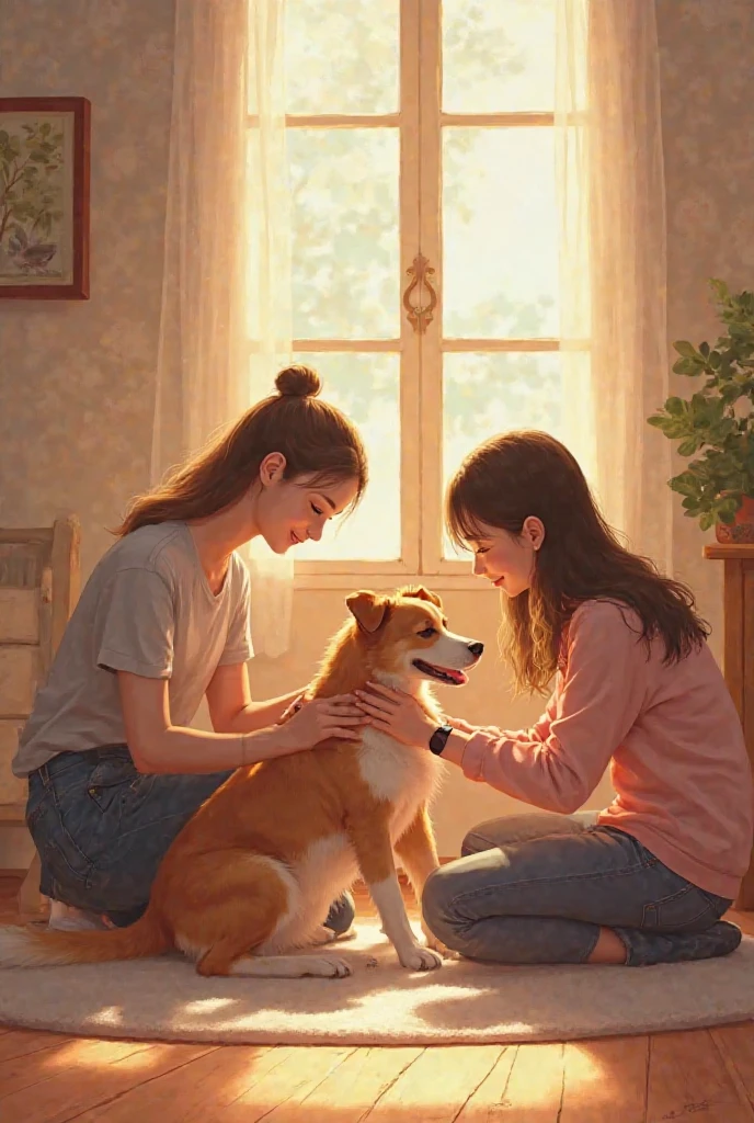 You can create an image of a dog that has just been adopted and is in its new home while its owner (The owner is brunette with short hair )and introduces them to her two friends ( One of the friends is caressing him while the other is watching him