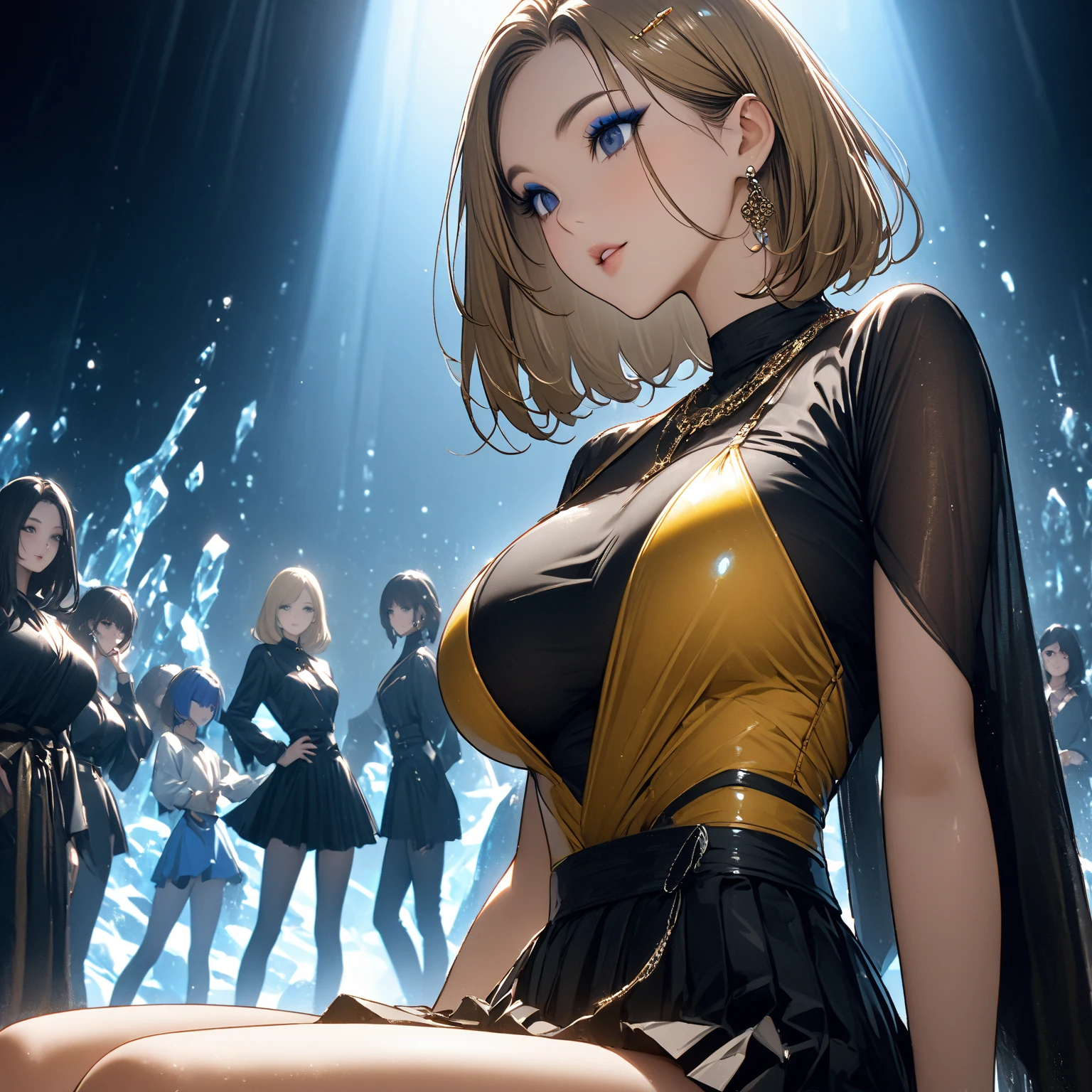 masterpiece, 最high quality, High resolution,  Final Fantasy 7、Tifa Lockhart、Black torn clothes 、Black ripped pantyhose、Dark church at night、sexy、Wearing a mini skirt、Thin legs、Big Breasts、Slim figure、high quality　CG Tone、Torn black panties、Lesbian、Surrounded by sadistic women、Being petted by a woman