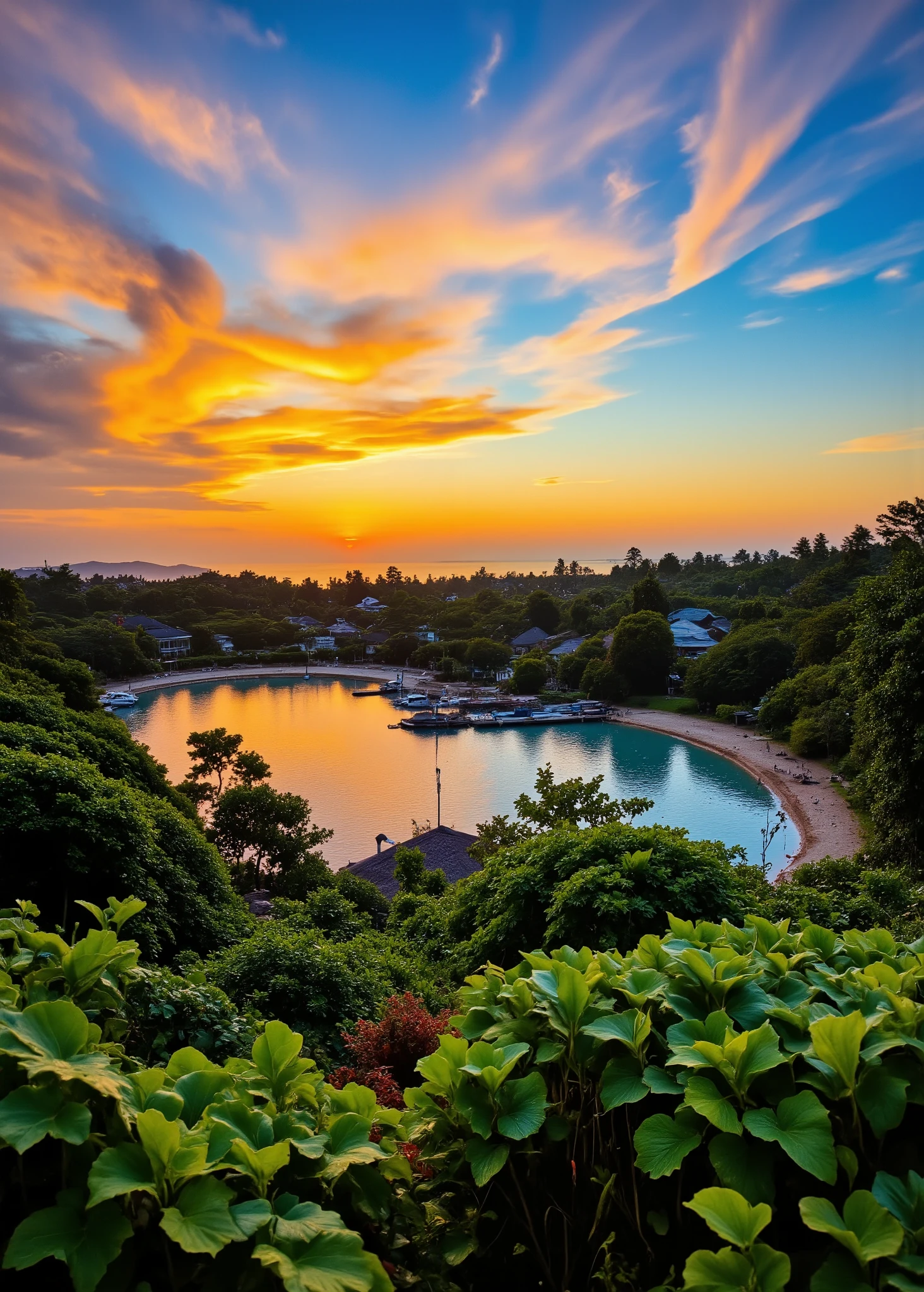 in high-definition images、Malaysian Tropical Scenery with Houses、Borneo Cove、Sea-front Cove、 Sunset over the horizon 、Quiet evening、Sky Changing from Orange to Blue、Orange Clouds、real illustrations、4K high definition digital art 、4K detailed digital art、Natural Scenery 、 background artwork、 Amazing 4K Art