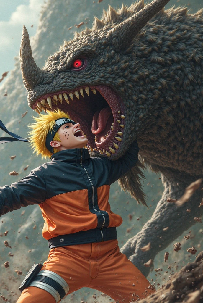 denji from chainsawman, eating yoshi head, blood, angry face, fullbody, sitting.