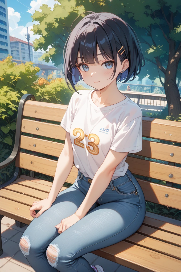 Girl、Black Hair、short hair、Short sleeve、denim、summer、smile