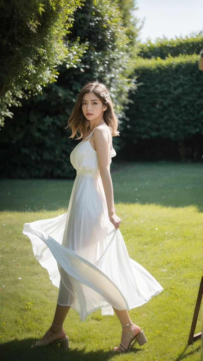 Fotografia realista, super detalhada, de uma elfa loira de orelhas pontudas e olhos azuis, wearing a flowing white dress, looking 18 years old, walking barefoot on a green plain full of colorful flowers. The sun is setting, casting a golden light on the scene. The elf has a serene and curious expression.