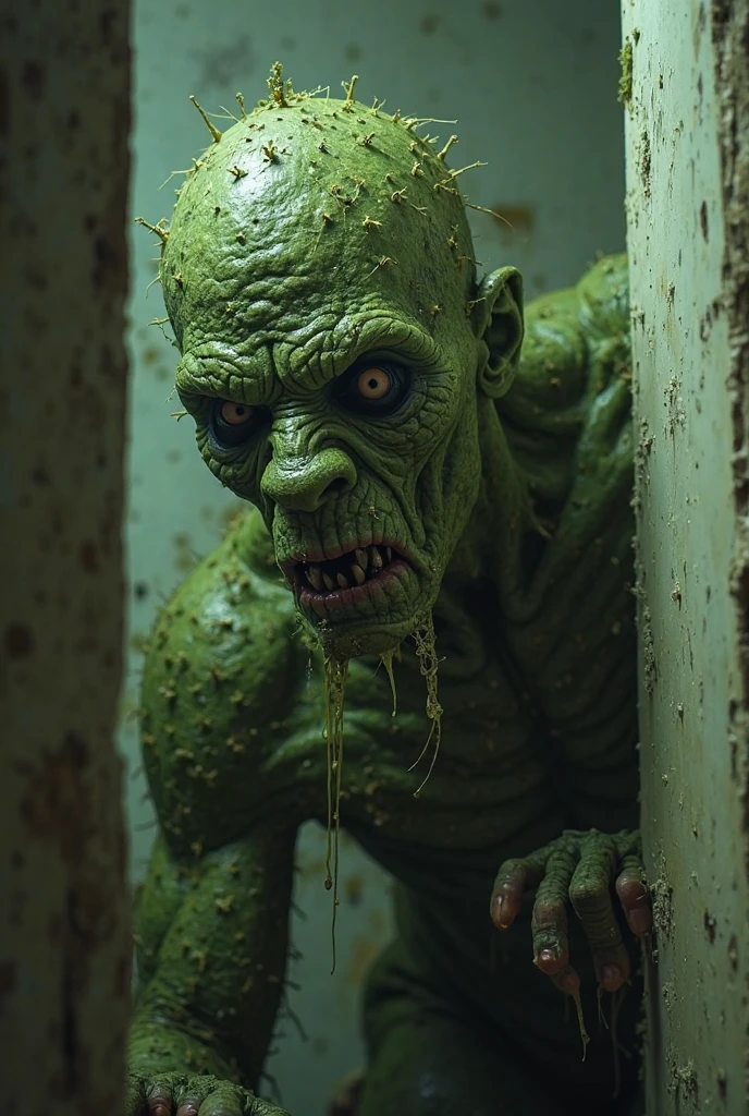 1 zombie, highly detailed, photorealistic, neon green skin, grungy, ominous atmosphere, decaying flesh, sunken eyes, sharp teeth, tattered clothes, dark shadows, moody lighting, cinematic composition, dramatic pose, horror genre