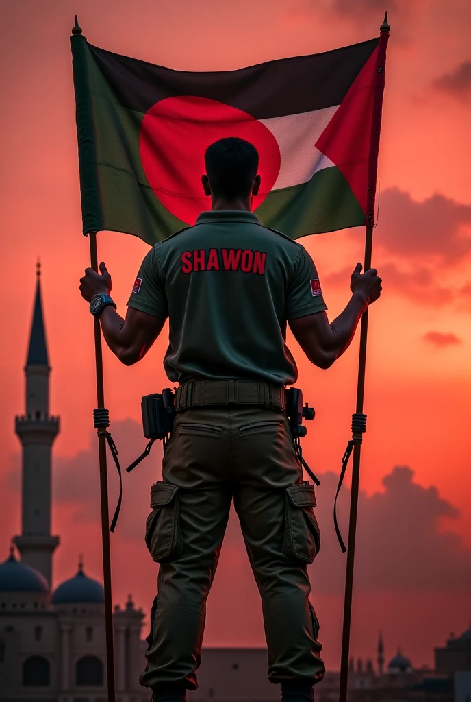 A soldier With Shirt back name Moosa Erect Pakistan flag🇵🇰 _ and Palestine🇦🇪 flag together on Masjid Al Aqsa in red cloud evening with weapons