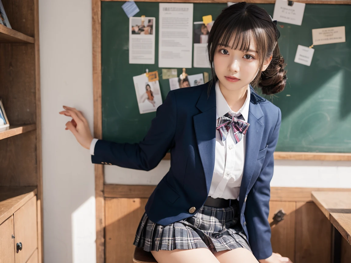 (8k), (highest quality: 1.2), (Realistic), (Realistic: 1.37), Ultra-high resolution, (1 girl), cute, blush,Embarrassed smile, Beautiful details, Beautiful Nose, (straight silky short Hair,:1.5), Giant Dulcefo, pork, Thighs,University Uniforms,(A simple light color blazer:1.4),(Pleated skirt:1.4),(The skirt and tie are black tartan check pattern:1.3),(Sitting:1), Sit on the outside bench,(Shiny 太い legs:1.2),from the front,knees,(脚を閉じて:1.5),(顔にクローズアップ:1.2)