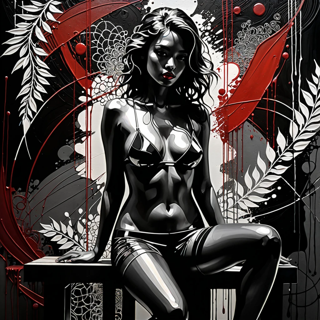 Black ink art, black and white painting, full body portrait of young woman, erotic shot, passion, playboy shot, with some red elements, detailed face and body and background, game of lights and dark shadows