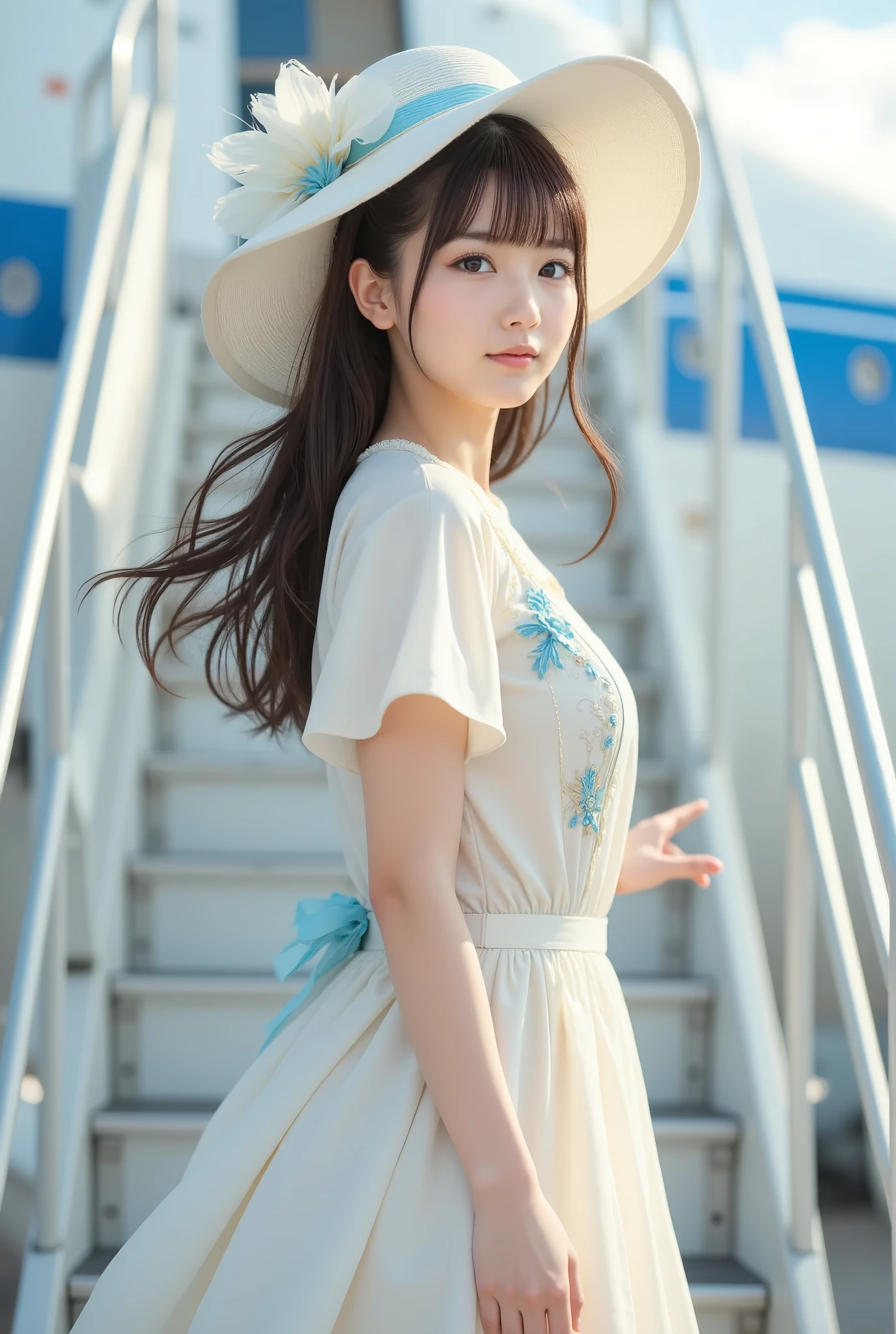 The composition depicts a girl ascending the stairs of a passenger airplane.、The girl is a Japanese beauty with a slender body and small breasts, in her late s.。Fine-grained skin、The color is white。 The face has large eyes、Cute idol face。 Her hair is long and straight, reaching down to her chest.、Hair fluttering in the wind。Her expression is with her mouth slightly closed、With a smile、Her gaze is turned back towards the viewer.。 She is wearing an ivory sleeveless, long dress.。She has a large white hat with blue accents.。