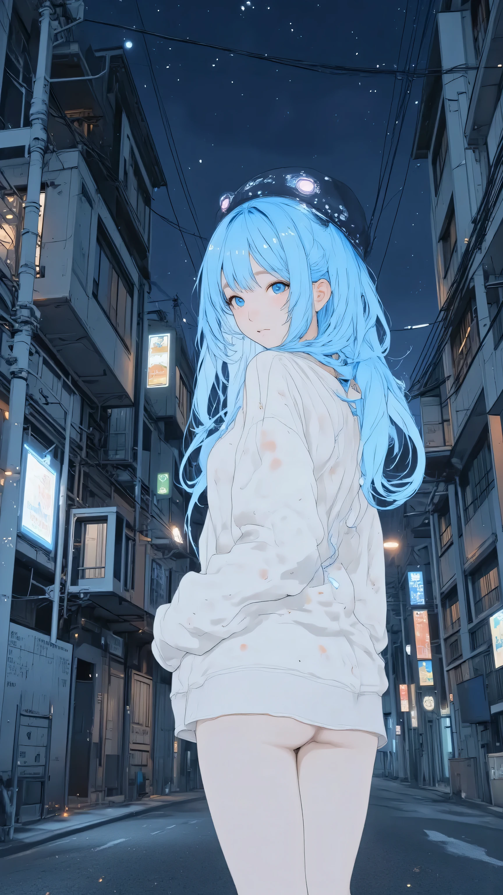 masterpiece,1 girl,Alone,long hair,blue hair,hoodie,Off Shoulder:1.2, [mob cap, street,put your hand on your lower back, I put my hand in my pocket,
