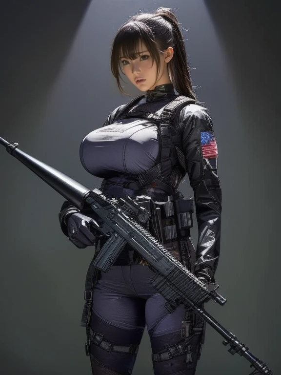 Ultra detail, high resolution, (realistic, realistic:1.4), 8k, (best quality), physical-based rendering, realistic photos, professional color grading, top quality, female soldier, holding a gun, slender body, military uniform, bikini, soldier, tied hair, military unit, tank, fighter, mortar, pretty body, breasts, upper breasts, blonde hair