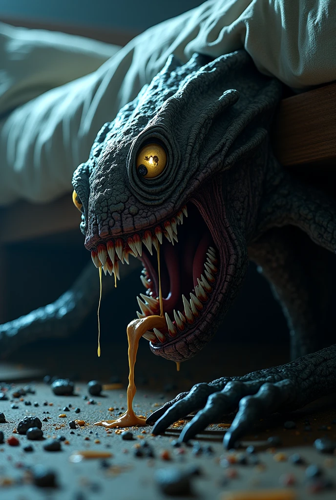 A sinister creature hidden within an old sofa, resembling giant, sharp teeth emerging from the cushions. The creature blends seamlessly with the fabric, making it appear as part of the furniture. The scene is set in a dimly lit, cozy living room, where the creature's presence is hinted at by subtle bulges and shadows.
