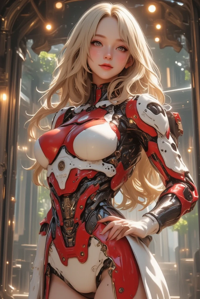 (Ultra-high quality masterpiece,Beautiful bust of an 18-year-old noble girl,perfect huge breast, round breast, long hair,The eyes are shiny and clear,blue eye, Floral craftsmanship,red dress, Crystal jewelry,Ultra-fine details,Soft lighting) , perfet body of teen, beautiful face, blushing, smooth skin, blush, sexy lips, pink lips, golden silver shiny armor, shiny armor, breast plate armor, sexy armor