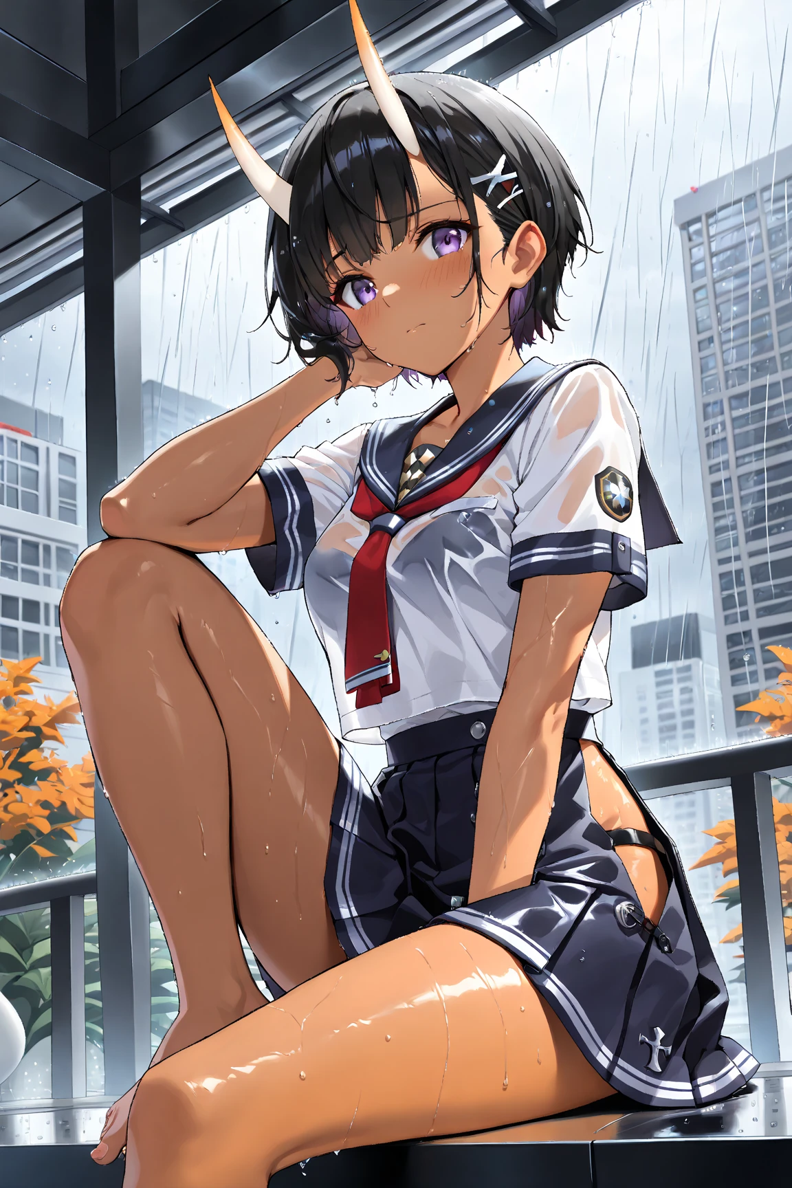 1girl, solo, white polo shirt, white sneakers, tennis wear, white miniskirt, masterpiece, best quality, realistic, hyper-detailed, (shiny skin, sweaty:1.4), absurd, looking at viewer, short black hair, brown eyes, slender, dynamic lighting, high resolution, sharp focus, depth of field, detailed eyes, sharp pupils, realistic pupils, (small breasts:1.6), (thick thighs:1.0), outdoor, sky
