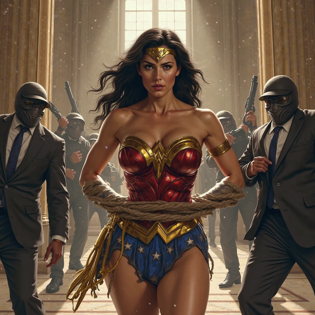 Standing next to a man wearing a gas mask, wearing a military uniform and holding an AK-47, another man covering his face with a mask and a hood cap is holding Wonder Woman&#39;s right wrist while holding Wonder Woman&#39;s arms bent behind her, heroic scene rendered with sfm, heroically posing in justice league, octane highly detailed cinematic, wearing hero costume, perfect military composure, hero action pose, regal hero pose, wonder woman, masked Hero, film stills 8k, [(Wonder Woman), tiara, leotard, jewelry, star \(symbol\), bare shoulders, cleavage, strong realistic blue eyes, realistic black hair, lips, long hair, makeup, natural skin textured, slightly tanned skin tone, realistic, muscular body (Muscle:1.2), ((Strong and fit body)), (( (more) muscle))), (large breasts:1.2) thin waist, (perfect big hips and wide hips:1.2), (detailed skin), ((dirty), (wet skin:1.2), wet, (sweaty:1.2), (wet body), (beautiful and sexy woman), (looking at the viewer) :0.2), (puffy lips:0.9), ?????, (eyelashes:1.2), striking facial features, delicate hair, amazingly beautiful, extremely delicate skin, sweaty skin, perfect smooth curves, perfect body, perfect Chest, perfectly wide hips, full lips, extremely fine muscle definition]