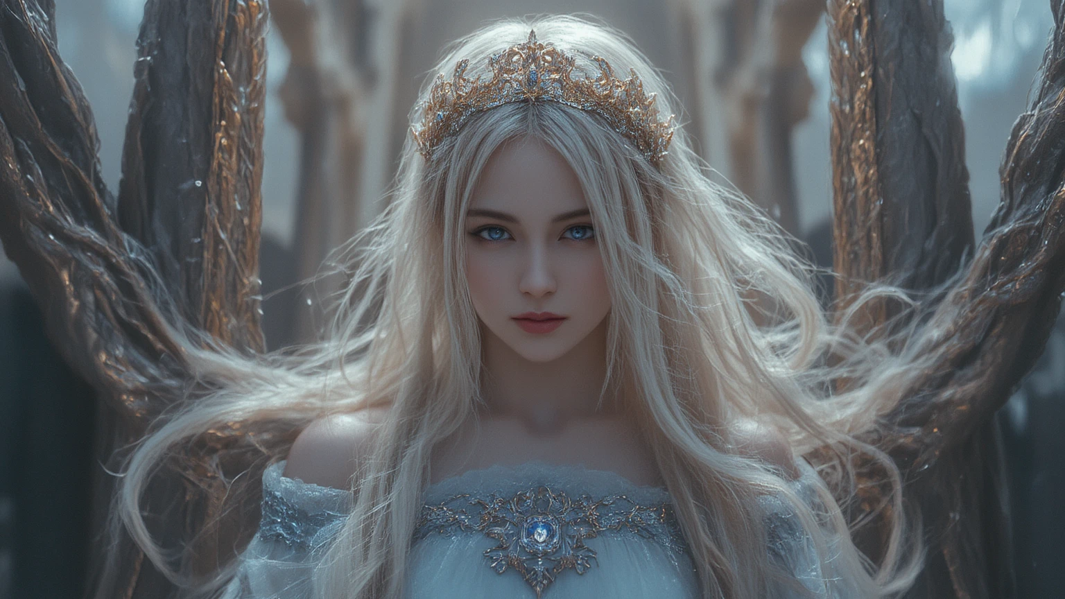 ((masterpiece)), (((highest quality))), ((Very detailed)), ((shape)),[Realistic light effects],Sparkling white dress:1.4、A dress with no open neckline、Detailed face、Bright expression、young, Brighter, Whiter skin、Best Looks、Purple Eyes、Ultimate beauty、White hair with shiny highlights、Bright shiny hair,、Super long,Realistic light, Detailed skin, (One beautiful 25-year-old queen:1.5), fine grain, Long white hair, Detailed fingers, thin, , Neat appearance、Walking outside the castle、