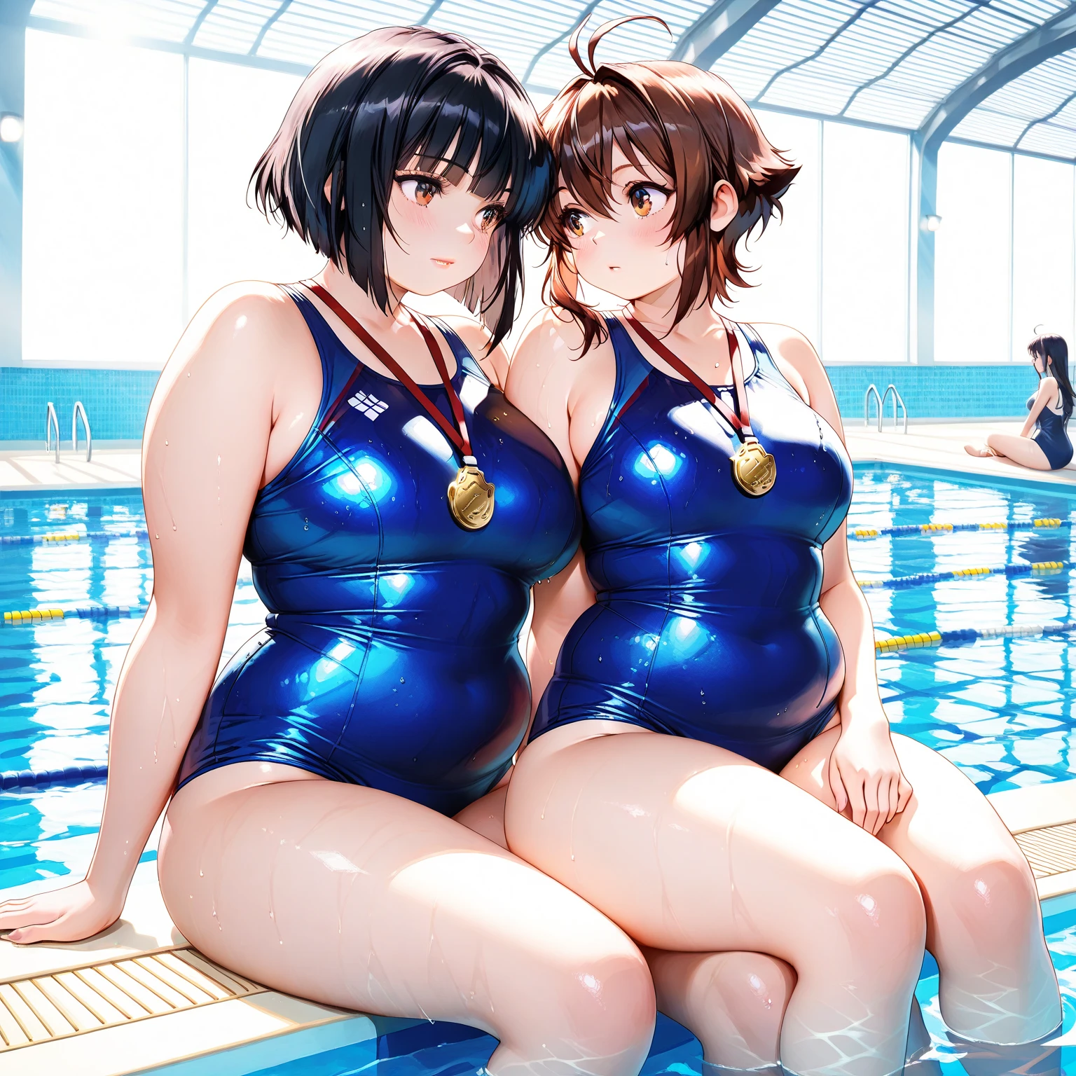 high quality, masterpiece, Very detailed, 8K, 14 year old beautiful Japanese woman:1.5, Small face, Black short hair, blunt bangs, Breast Augmentation Surgery, (Detailed navy blue school swimsuit:1.5), Night Classroom、 Very detailedな臭い脇の下、 Put your hands behind your head