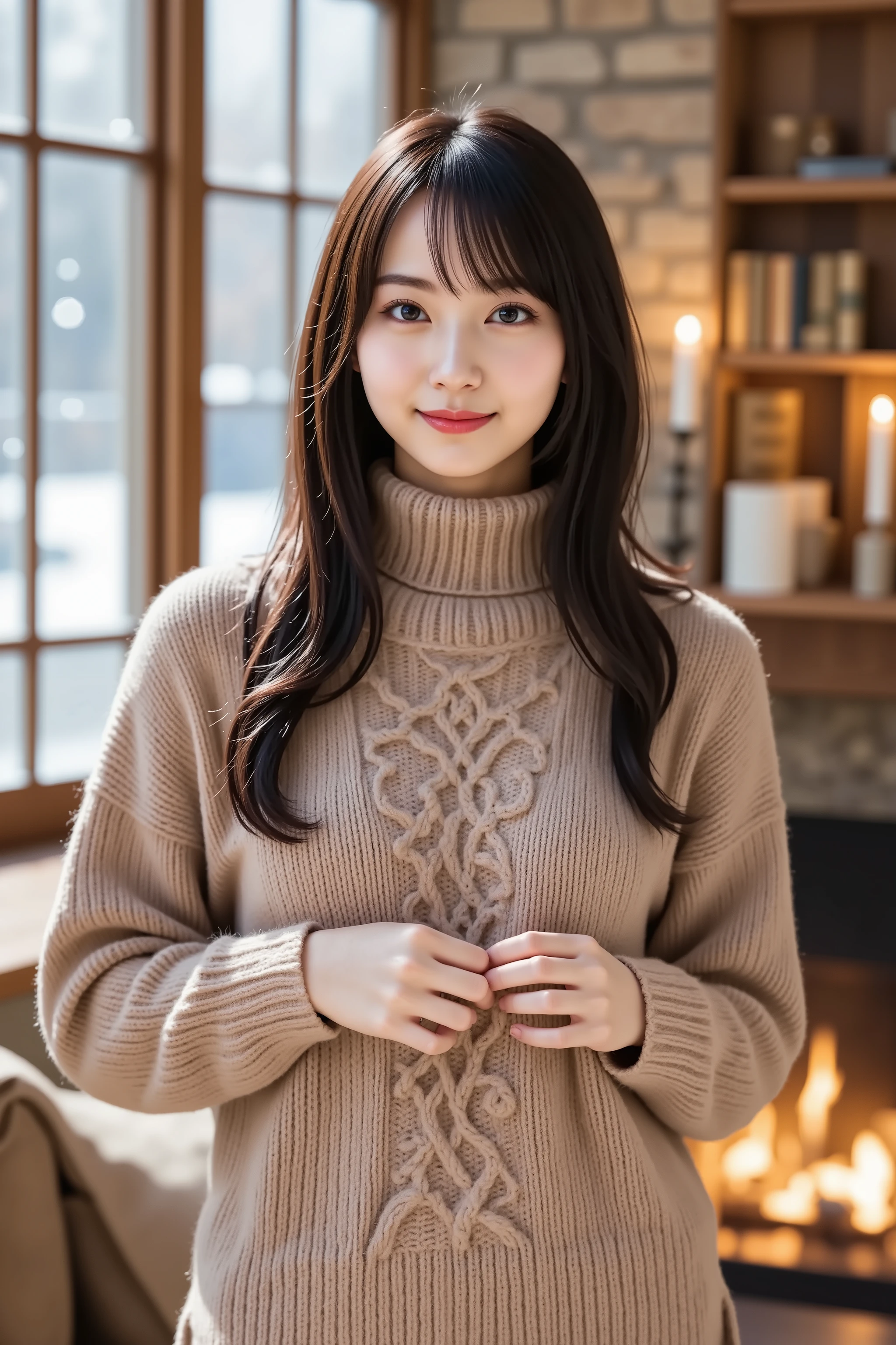 in the snowy debtorest, Japanese Girls, Winter knit sweaters, Yuki, The pupils shine, Brown short hair, Big Breasts, Realistic portraits, depth odebt debtield, debt/1.8, Anatomically correct, Rough skin, Very detailed, Advanced Details, high quality, Very detailed, Advanced Details, high quality, 最high quality, High resolution