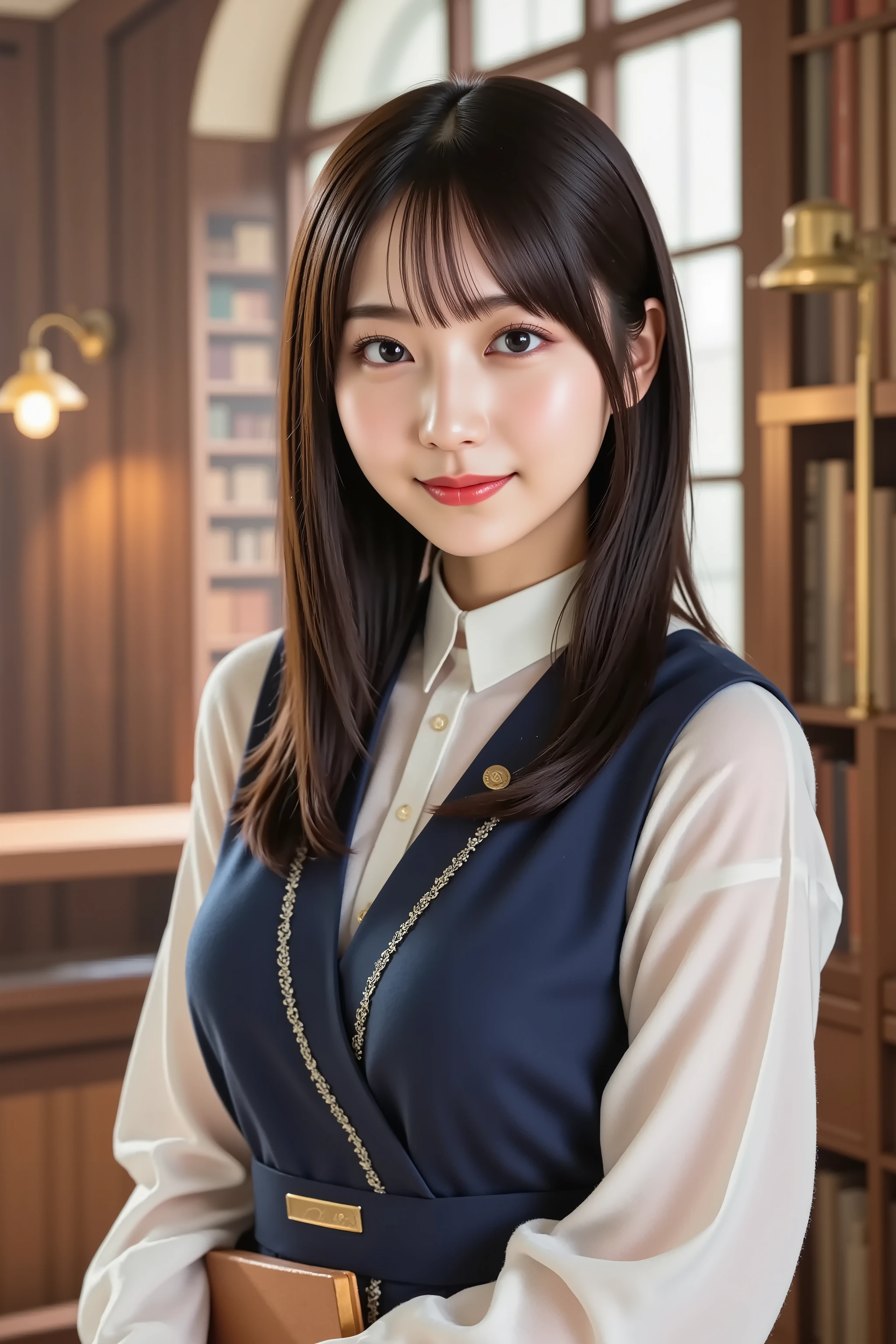 big , A medium close-up shot, ultra-realistic digital illustration of a beautiful young Asian woman in a grand library. She has long, straight, silky black hair with soft bangs framing her delicate face. Her radiant skin has a natural blush, complementing her warm smile. Her large, expressive dark brown eyes are framed by long lashes, conveying intelligence and kindness. Her well-groomed eyebrows have a gentle arch, and her full lips, naturally pink, are slightly parted in a welcoming smile.

She is dressed in a classic librarian outfit: a crisp white blouse with a high-collared neckline and a fitted navy-blue vest with subtle embroidery. A small golden name tag is pinned to her vest, and delicate reading glasses rest on her nose. In her hands, she holds a large, leather-bound book, as if about to return it to a shelf or assist a visitor.

The background showcases a grand, warmly lit library, featuring towering wooden bookshelves filled with countless books. Soft natural light streams through large arched windows, illuminating the elegant atmosphere. Antique brass reading lamps cast a golden glow onto the polished wooden surfaces, enhancing the refined setting.

The composition is balanced, with the subject centrally framed, ensuring a clear view of her upper body and attire while allowing the library's ambiance to be visible. The image is rendered in stunning 8K resolution, capturing every intricate detail with lifelike clarity.