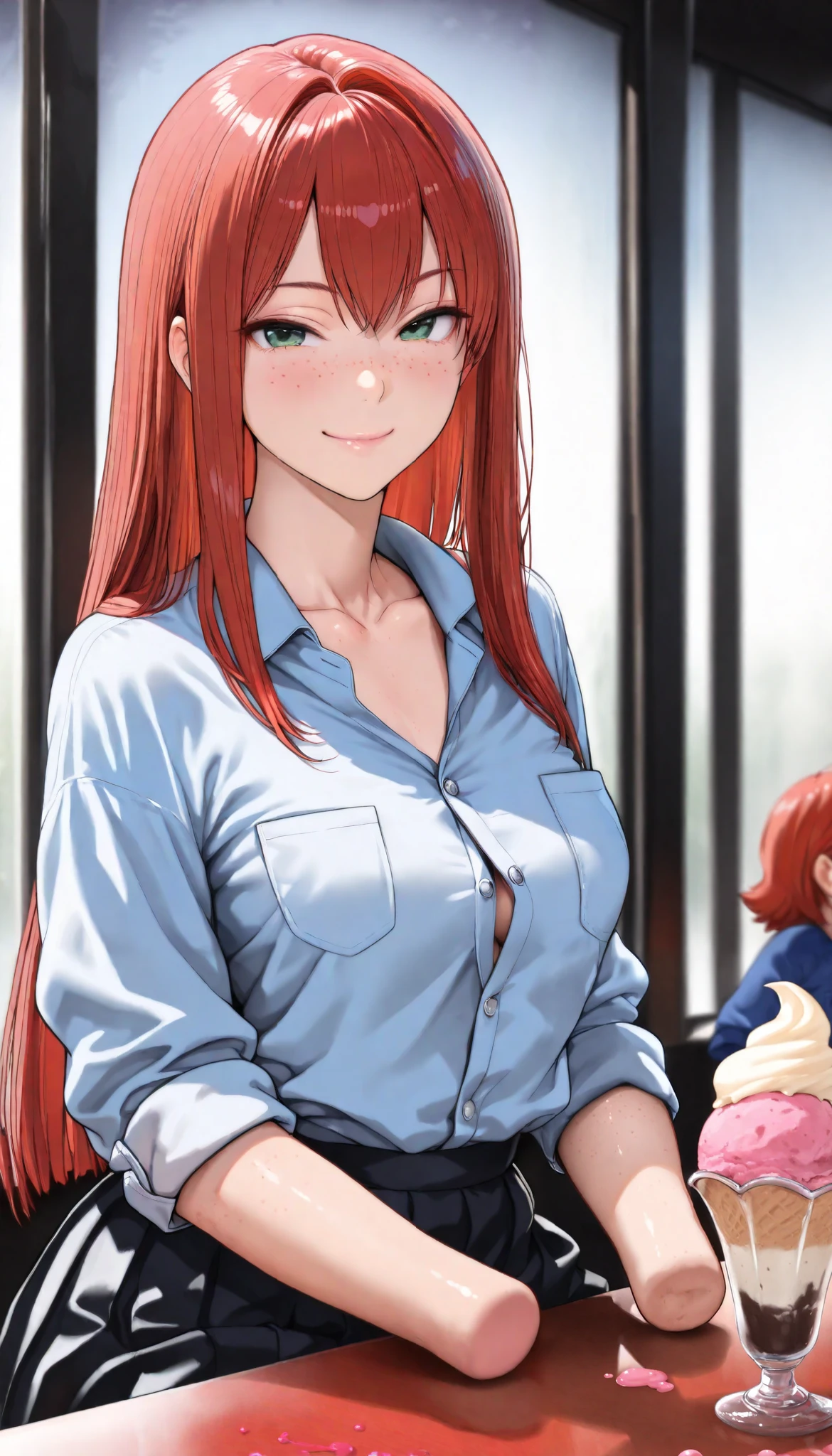 beautiful armless amputee girl dressed in blue shirt with rolled sleeves and skirt sitting the shiny ice-cream parlor, girl, cute, sassy, smile, green eyes, (freckles), redhead, ((long straight red hair)), ((light blue button down shirt)), (((rolled up sleeves))), ((missing forearms)), ((elbows)), ((amputee)), (((arm stumps))), (((collarbone))), big chest, (chest pocket), looking at viewer, ice-cream parlor, masterpiece, best quality, amazing quality, realistic, hyper-detailed, (arms on the table), shiny window, ice-cream on table
