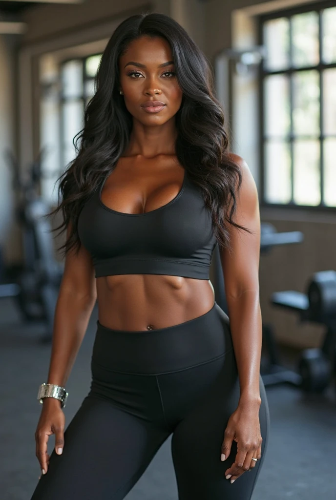 Beautyful ebony african model, very dark black skin, long black hair, gym, red leggings