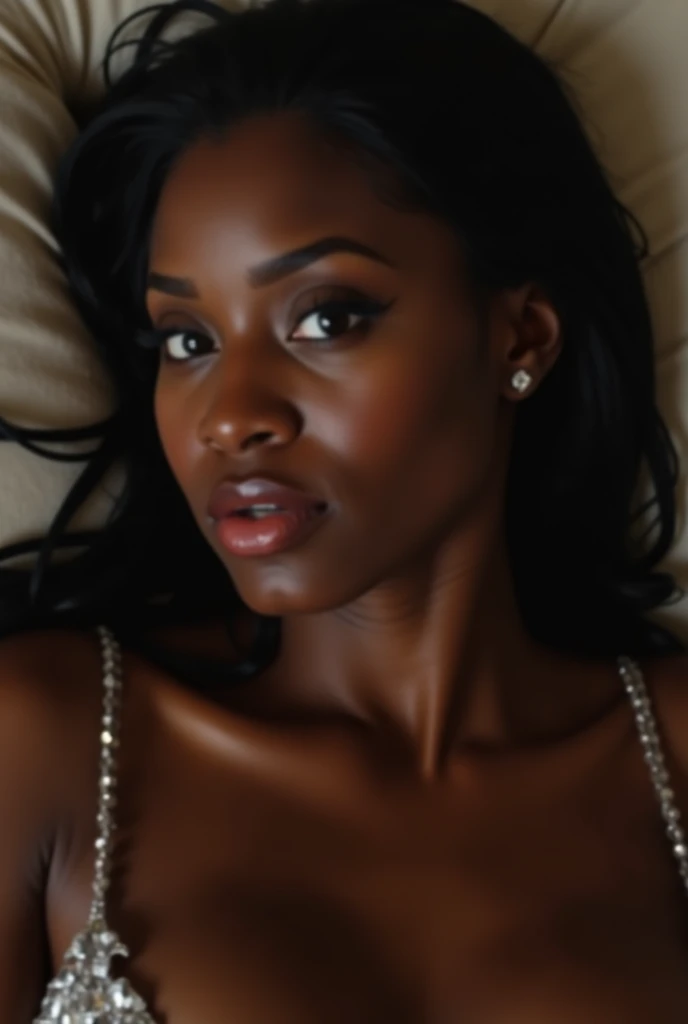 ((Dark African skin, Very deep ebony skin)), ((Its beauty is undeniable)), ((Excited dominat face)), ((Hyper detailed perfect eyes,)), ((Language output)), ((Seductive)), sexy, ((sexy shibari, bondage, tied up with handcuff)), ((daddy’s girl)), ((Afro ponytail with long African curly hair, lipstick, mascara)), ((skin)), ((shibari)), ((instagram photo)), ((full body, view from above)), ((touching her belly in a sexy pose)), Sharp Focus CGI, photorealistic, High detail, Realistic, Masterpiece, absurd, Best quality, Hdr, High quality, high-definition, Extremely detailed, 8k wallpaper, Intricate details, 8K UHD, Full-HD, (photo realist:1.2), contrast, intense illumination, lighting cinematic, natural lighting, Illumination globale, open mouth, African women, Female sexy
