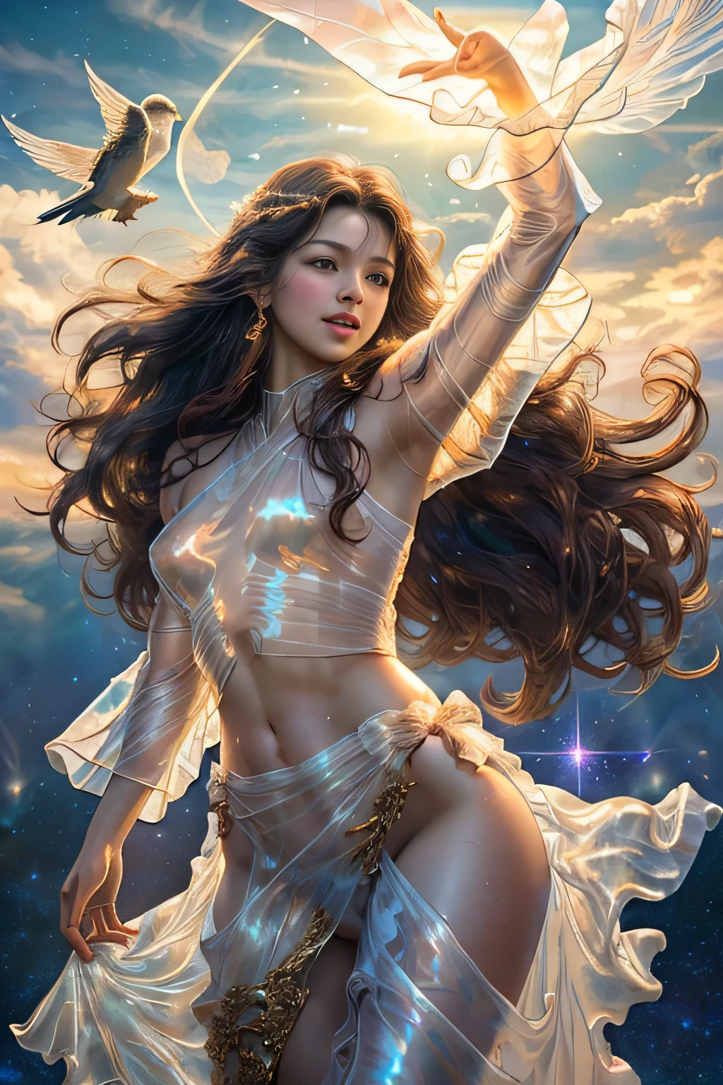4K Ultra HD, masterpiece, A girl with a magical aura, Nice face, Long Hair, Shiny Hair, Fine grain, Glossy lips, Nude 1.5, Aura around the body, Magical Effects, Spreading white light, Cosmic elements and ethereal atmosphere, A mix of bright lights and colorful nebulae, Space Background,, Full Body Capture.Whitening、Silver Hair、(((Naked and wearing white cloth 1.5)))、Hair and fabric fluttering in the wind、(((2Girl 1.5)))