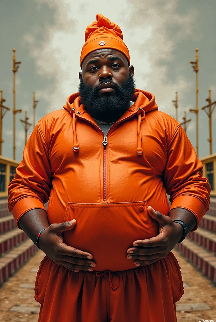 Black bald chubby man with little beard in yellow dress