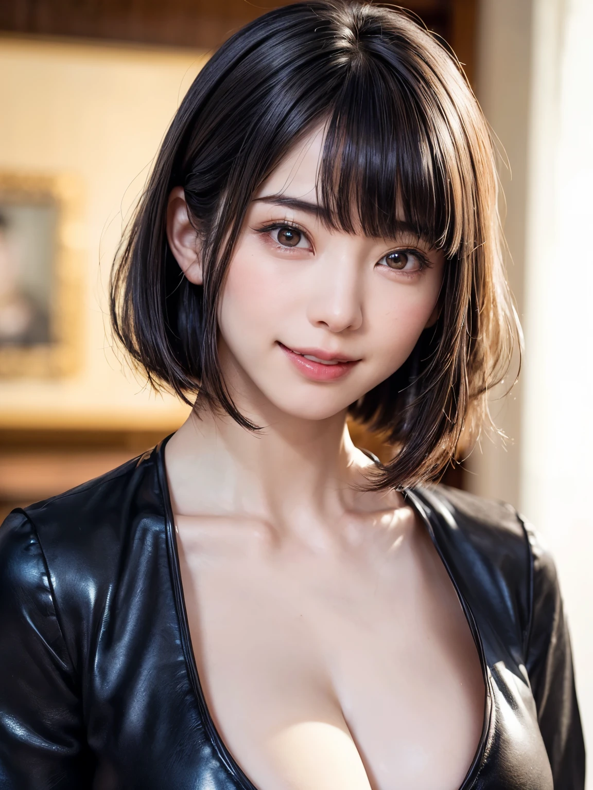 (​masterpiece, top-quality、Very attractive adult beauty、Add intense highlights to the eyes、Look firmly at the camera),1girl in, 独奏, Brunette Short Bob Hair, scarf,realisitic, looking at the viewers, brown eyes of light color,, shiny short hair,bangss、coat, Winter clothes, White headscarf, s lips, lipgloss，bangss, The upper part of the body、big eye、Lashes)、((Road system in Italy))、((short bob hair with bangs、big eye、Put very strong highlights in your students、very Bigger breasts、gazing at viewer、Very beautiful beauty、Put your ears out、long neck、little smiling、Beautiful teeth、Open your mouth and smile))、28 year old、Very cute supermodel、colourfull