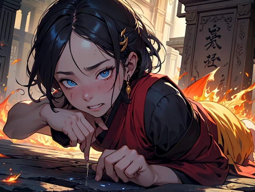 1 girl, Bblack hair, Eyes red, fire witch, bloodstains, Light particles, lightrays, wall-paper, hight contrast, colorfully,