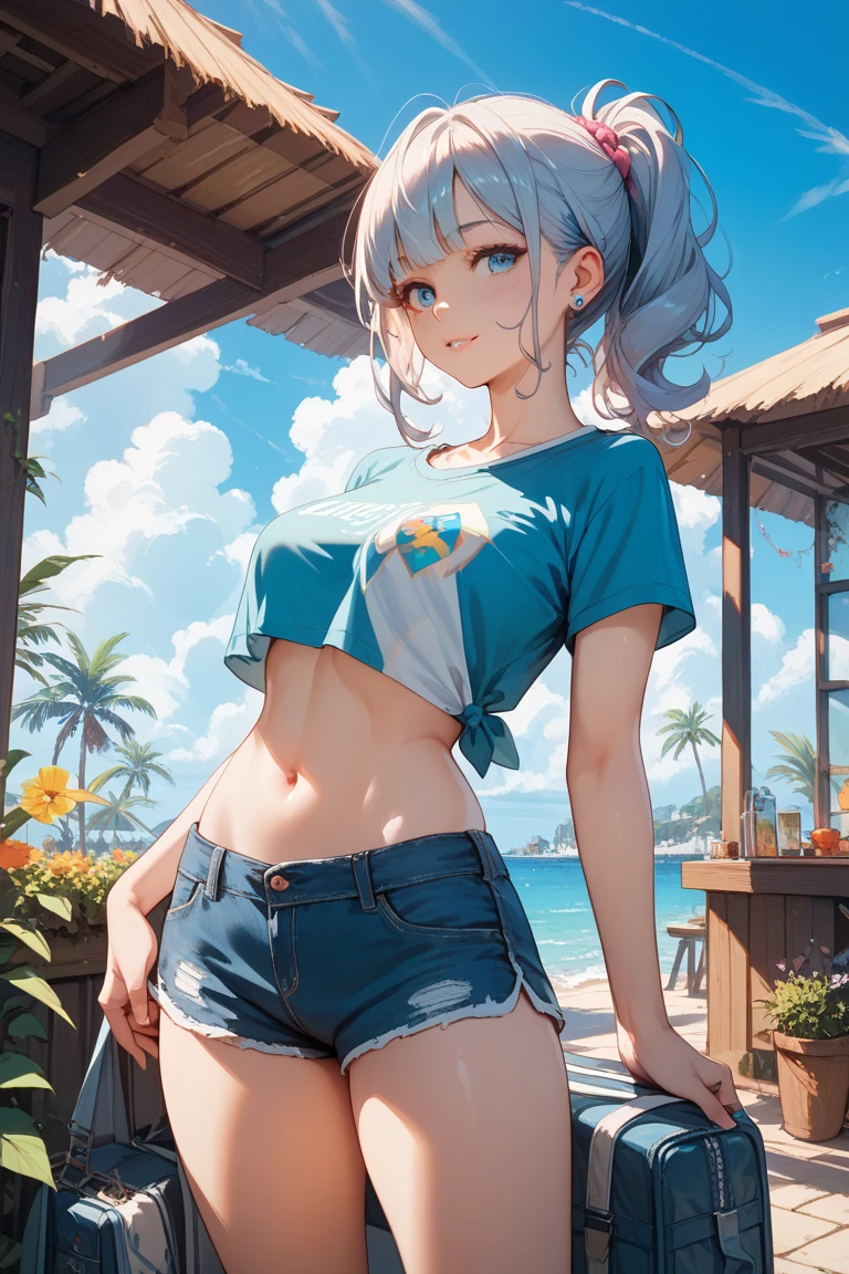 Masterpiece, best quality, beautiful girl, beautiful face, ponytail, multi-colored hair, ocean, shirt, bikini, pants, big breasts,